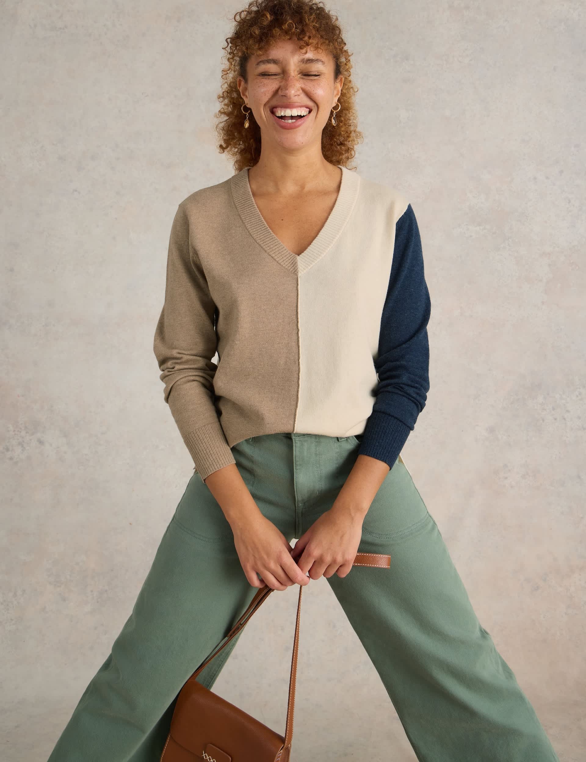 White Stuff Women's Cotton Rich Colour Block V-Neck Jumper - 12REG - Natural Mix, Natural Mix