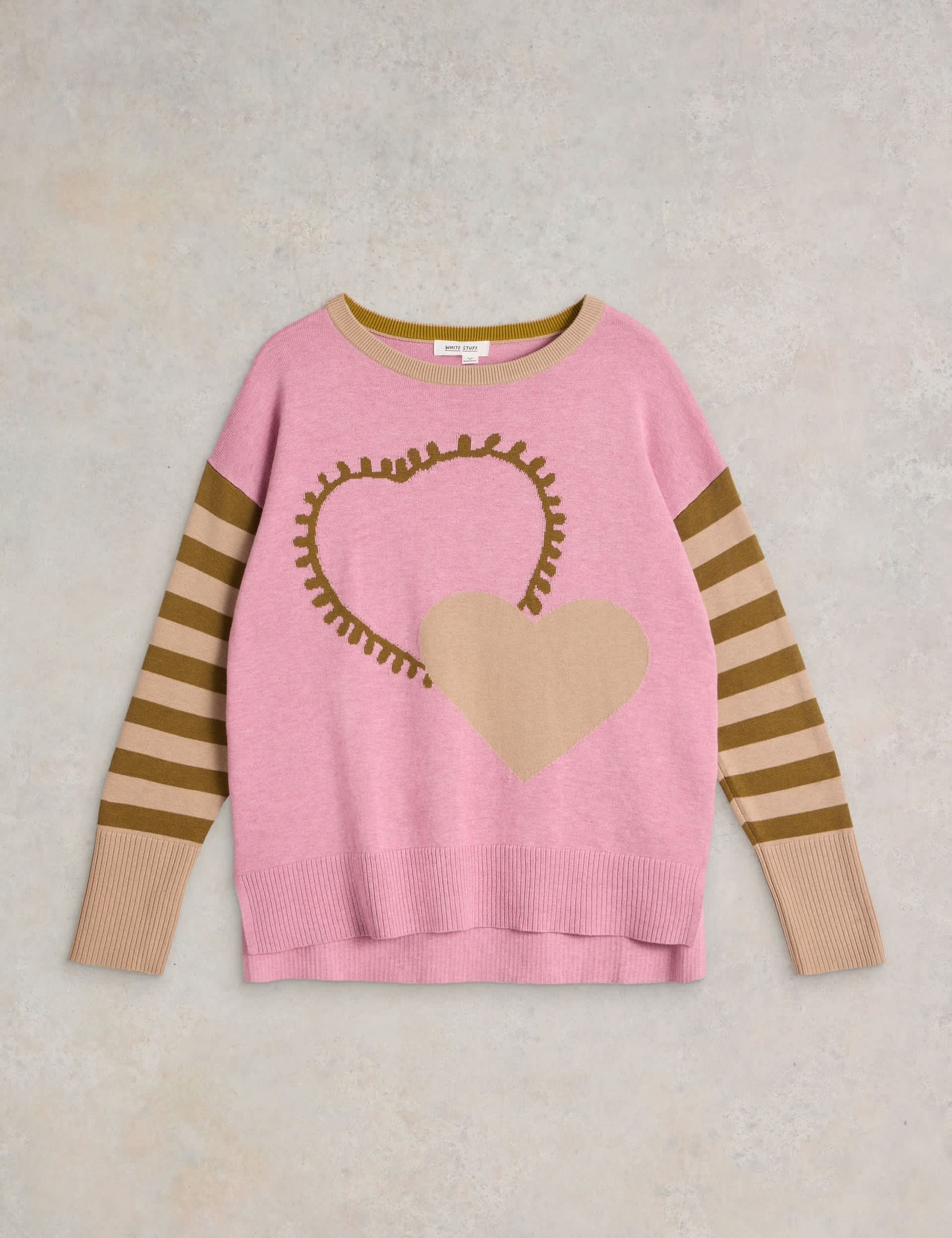 White Stuff Women's Cotton Rich Heart Crew Neck Jumper - 8 - Pink Mix, Pink Mix