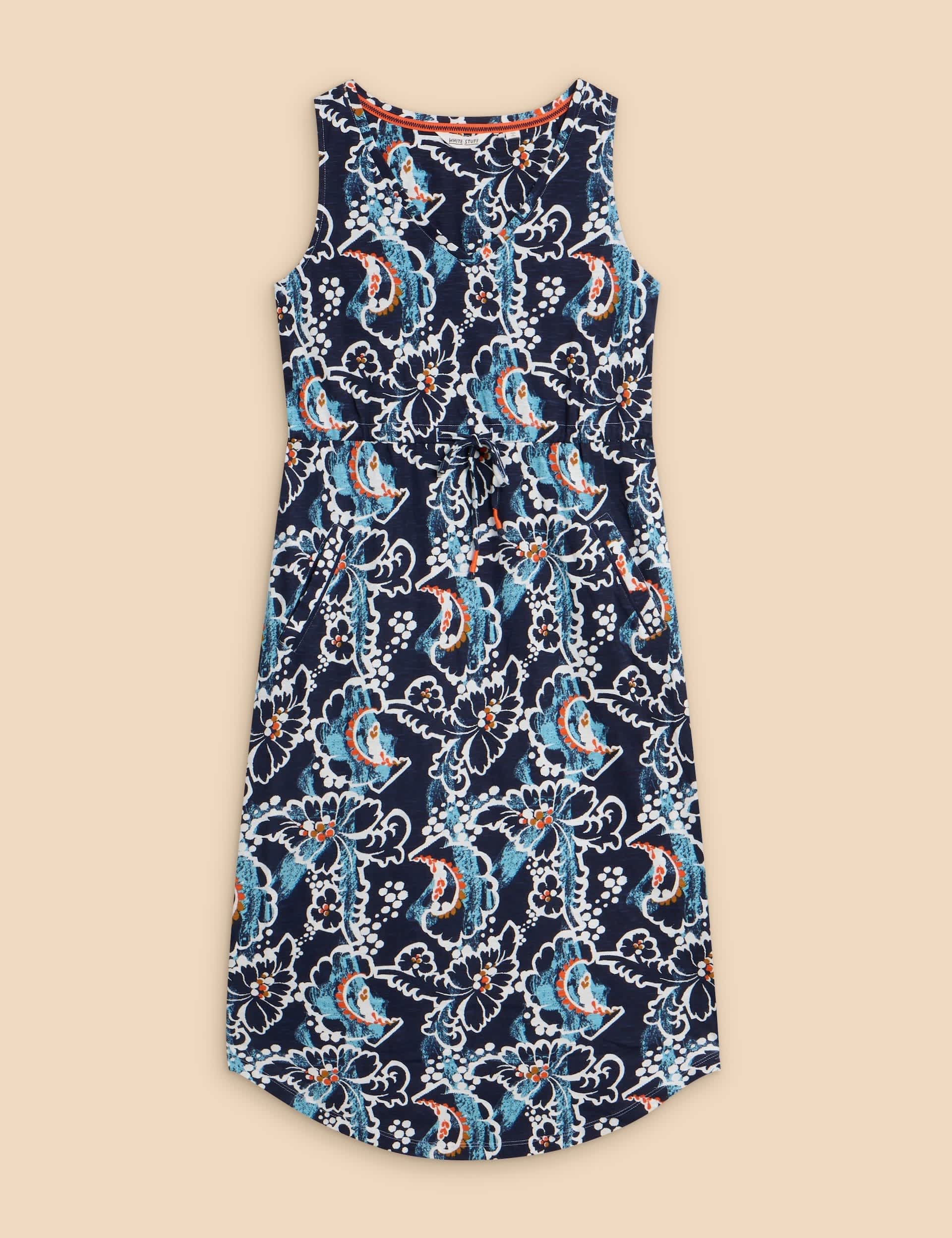 White Stuff Women's Jersey Printed V-Neck Midi Waisted Dress - Navy Mix, Navy Mix