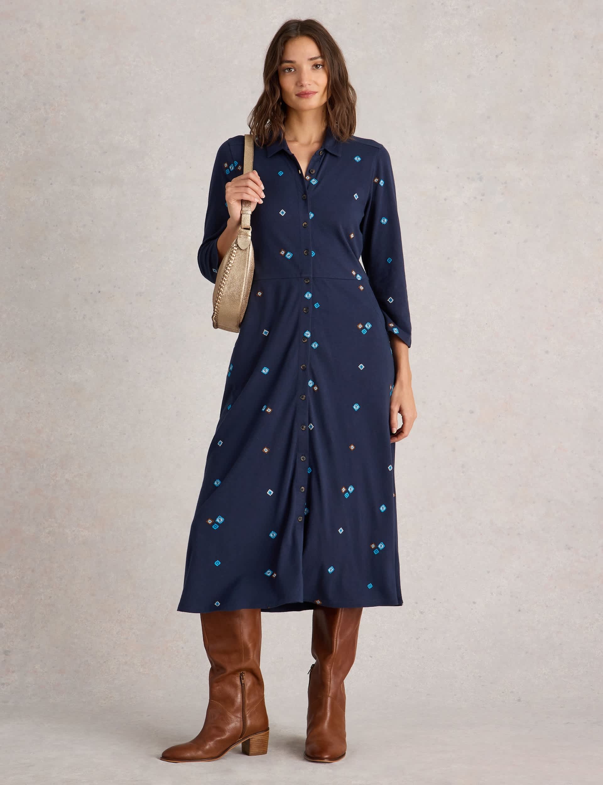 White Stuff Women's Jersey Embroidered Midi Shirt Dress - 14REG - Navy Mix, Navy Mix