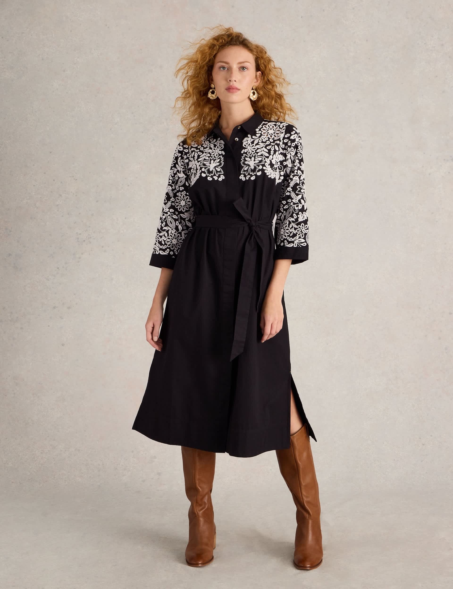 White Stuff Women's Pure Cotton Embroidered Midi Shirt Dress - 12 - Black Mix, Black Mix