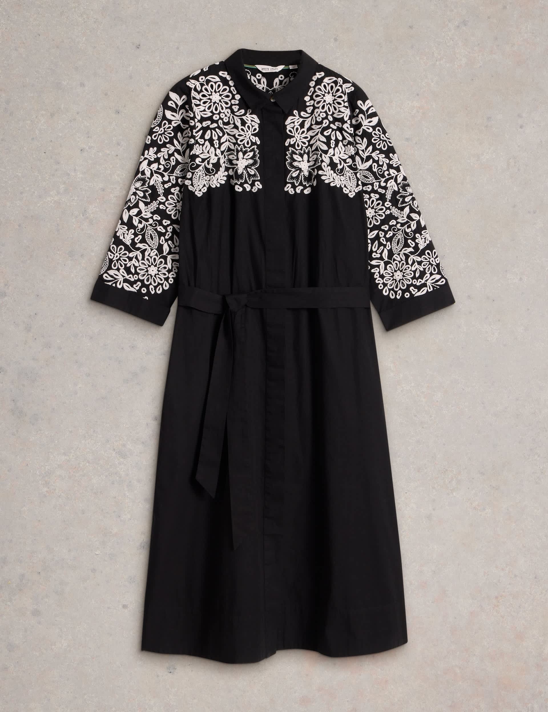 White Stuff Women's Pure Cotton Embroidered Midi Shirt Dress - 14 - Black Mix, Black Mix