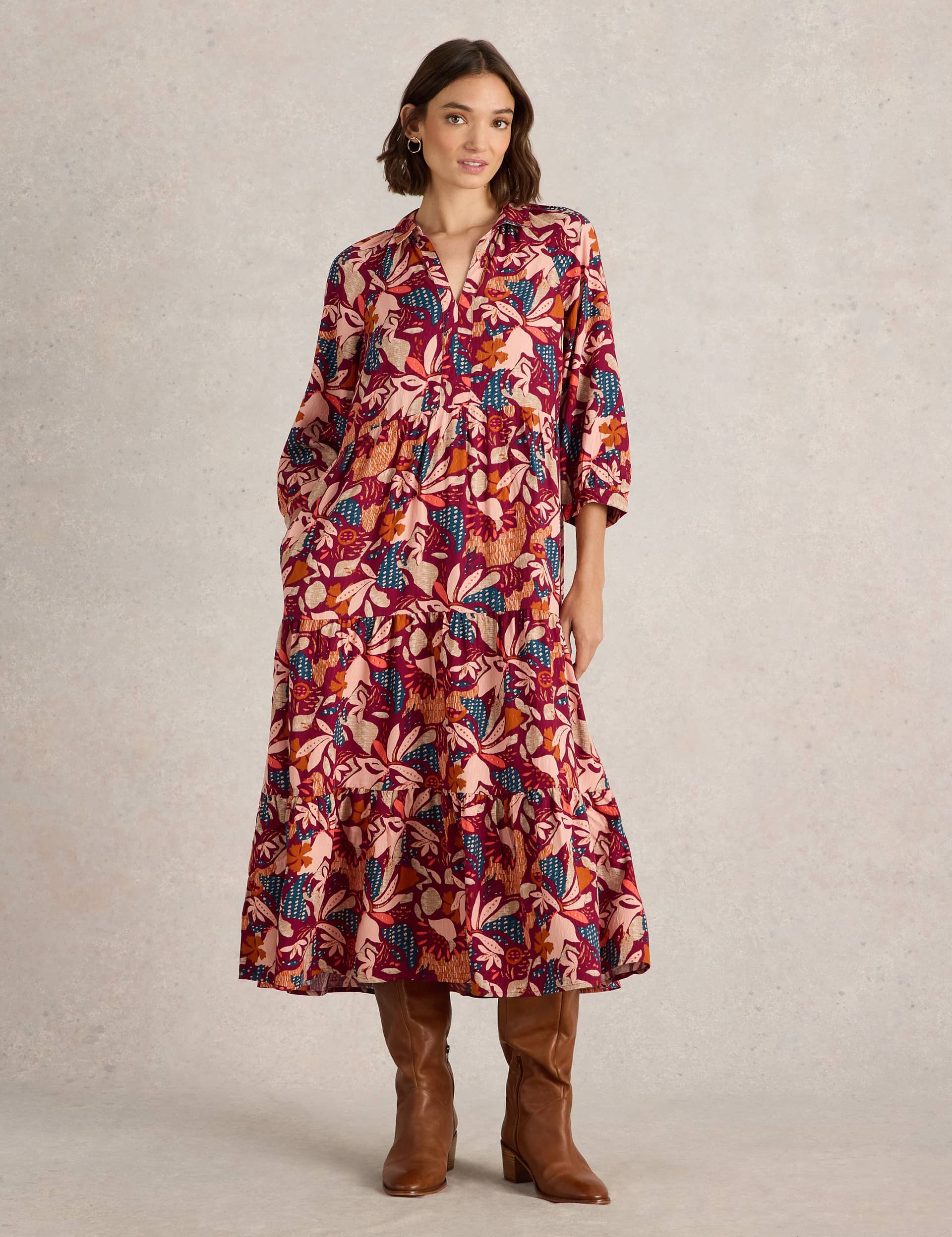 White Stuff Women's Floral Midi Tiered Shirt Dress
