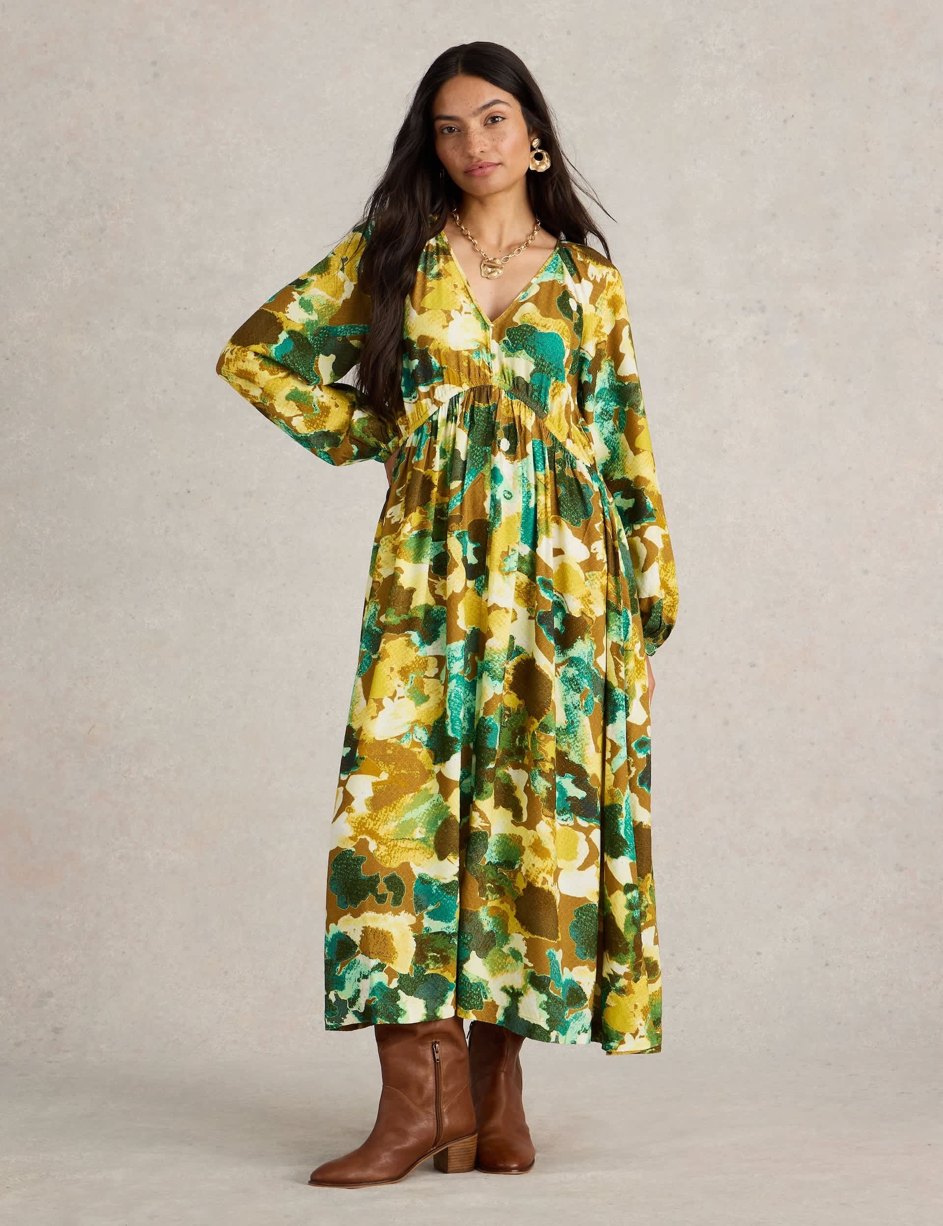 White Stuff Women's Printed V-Neck Midaxi Relaxed Waisted Dress - 12REG - Yellow Mix, Yellow Mix