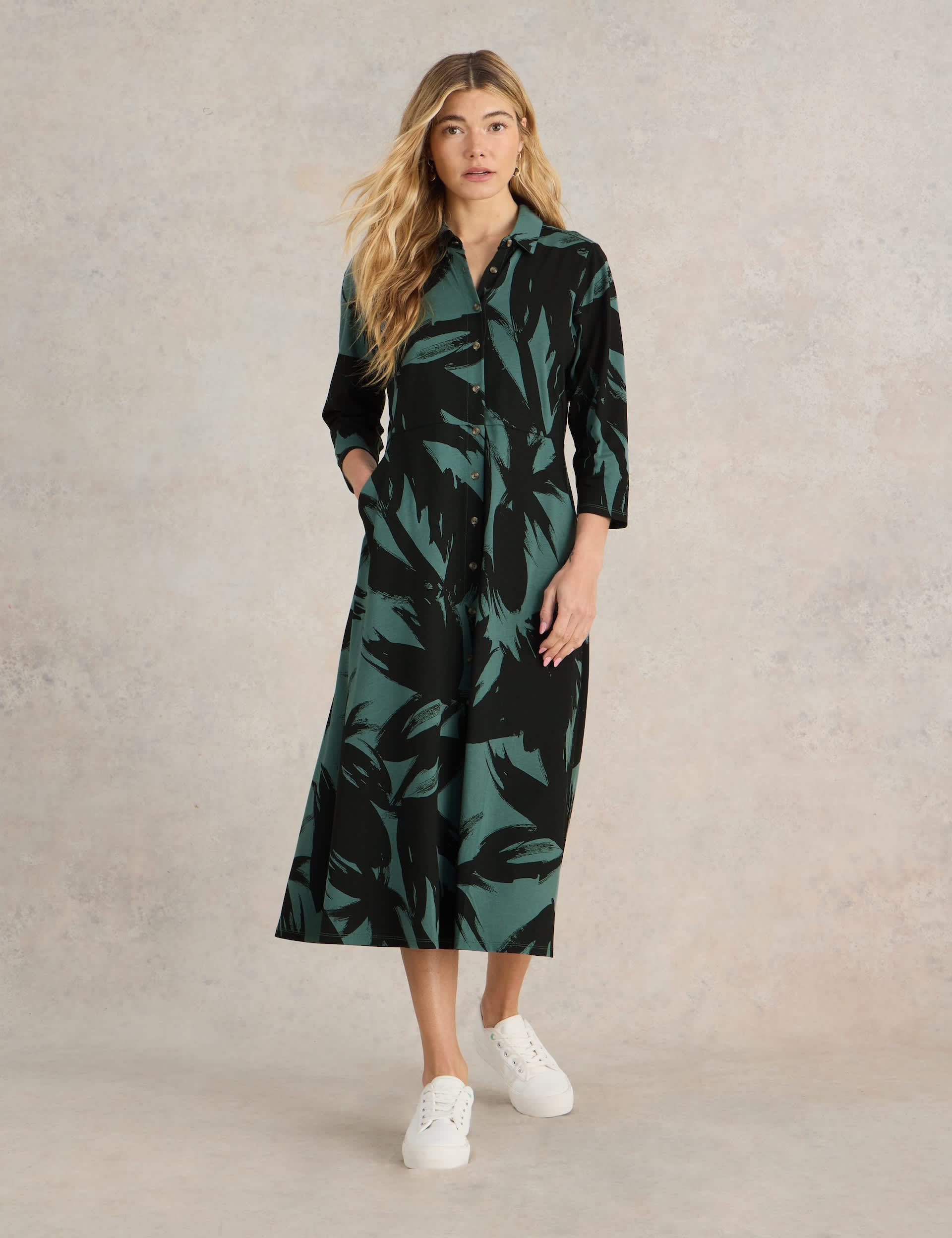 White Stuff Women's Jersey Printed Button Front Midi Shirt Dress - 12REG - Green Mix, Green Mix