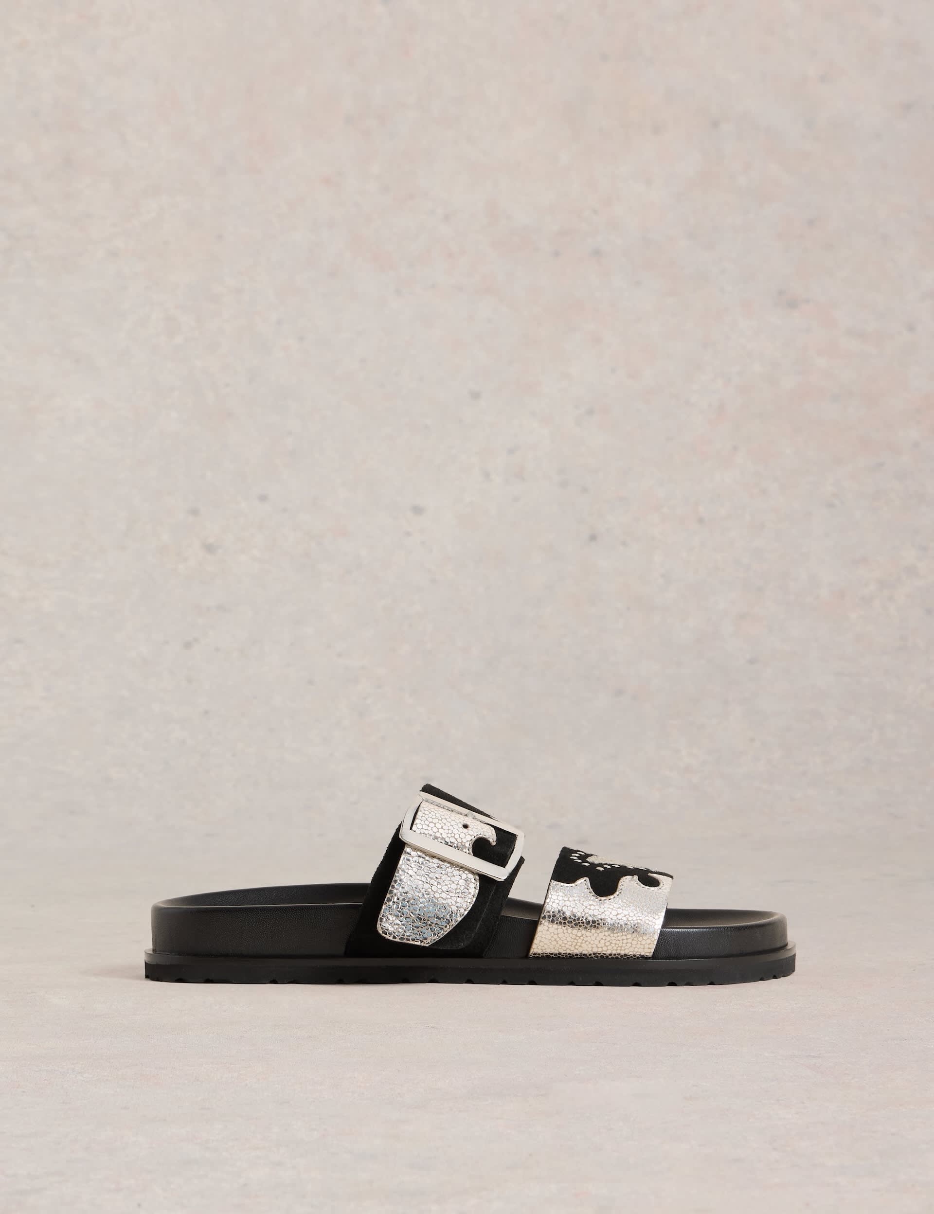 White Stuff Women's Leather Buckle Metallic Flat Sandals - 6 - Black Mix, Black Mix