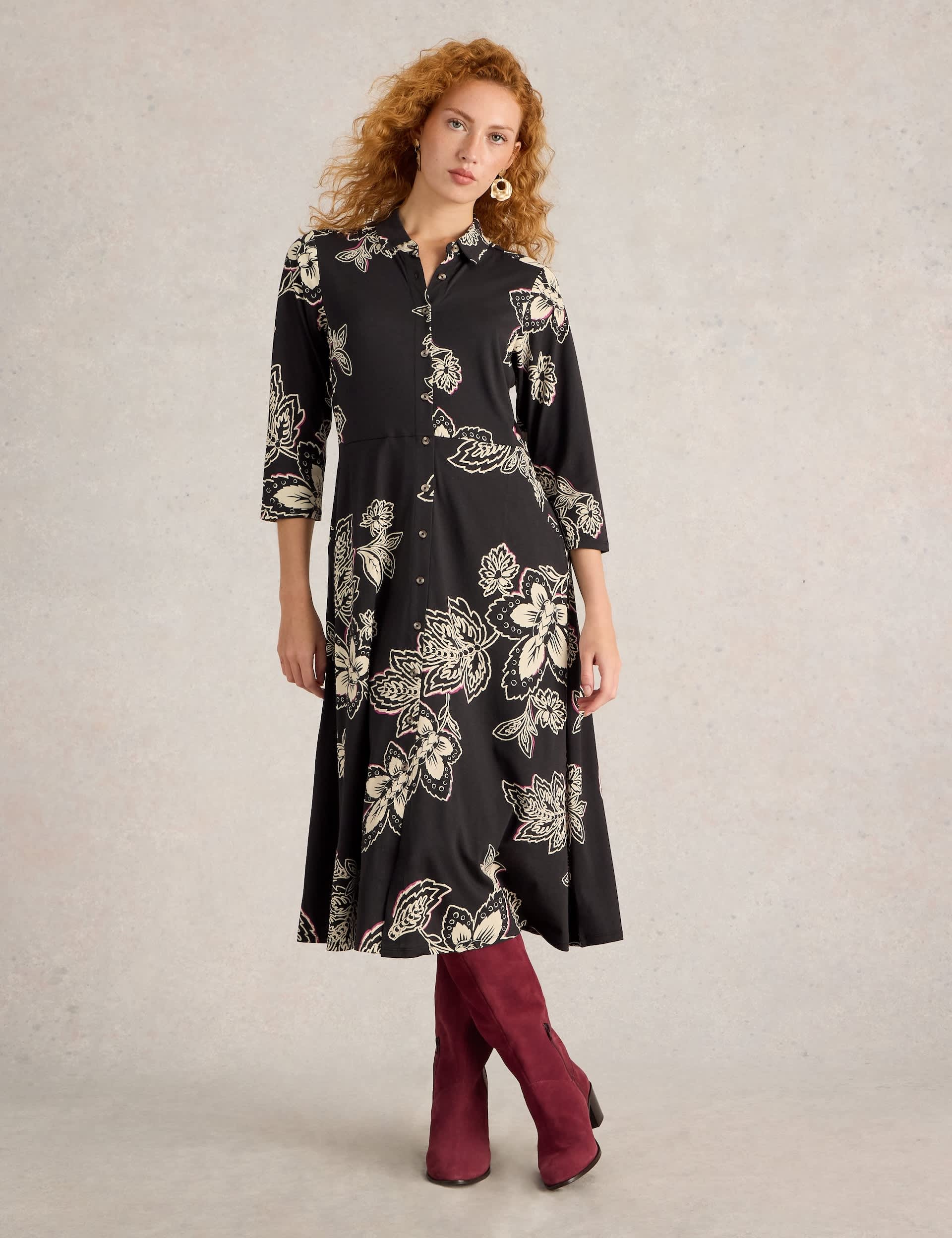 White Stuff Women's Cotton Blend Jersey Printed Midi Shirt Dress - 14REG - Black Mix, Black Mix