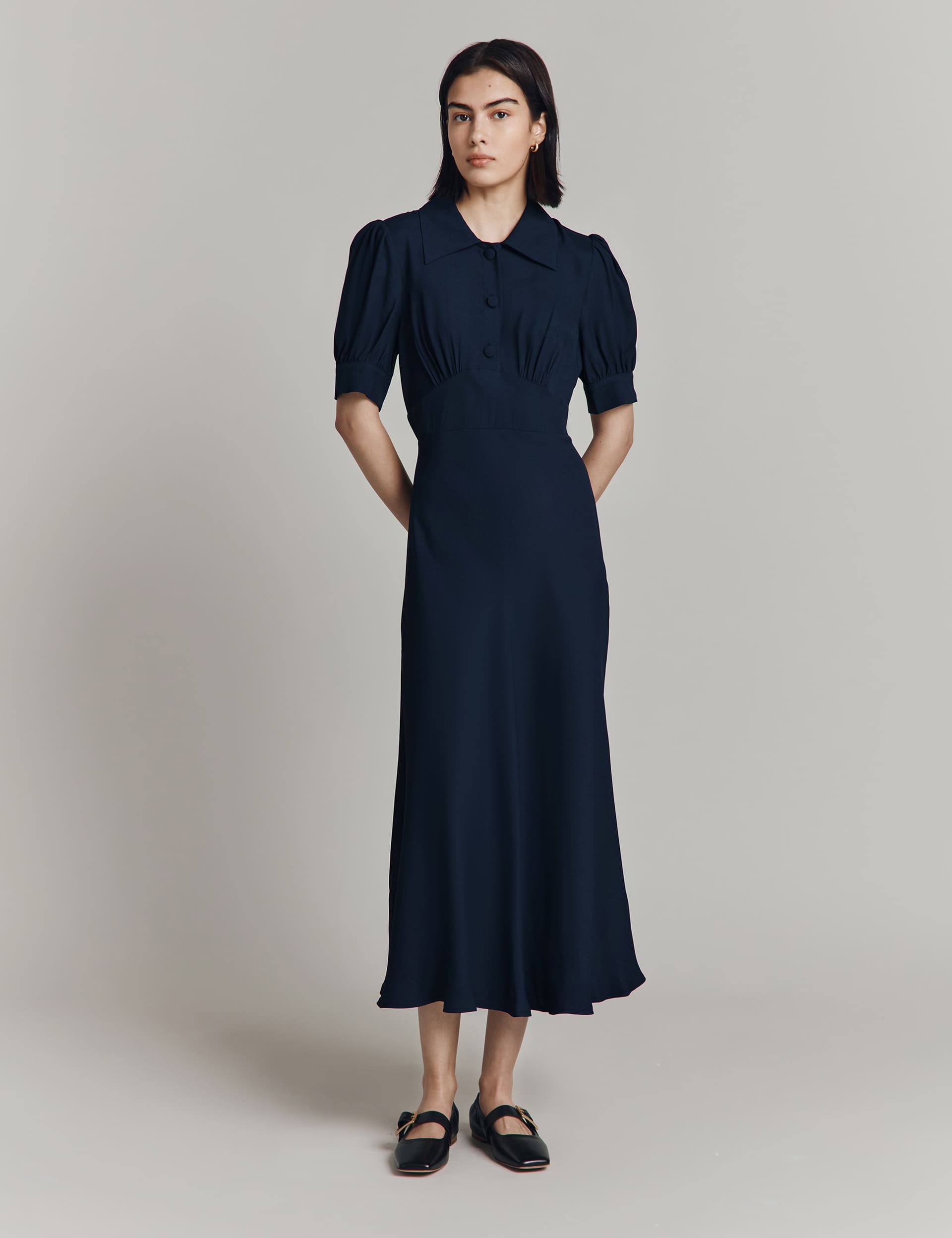 Ghost Women's Collared Puff Sleeve Midaxi Waisted Dress - Navy, Navy