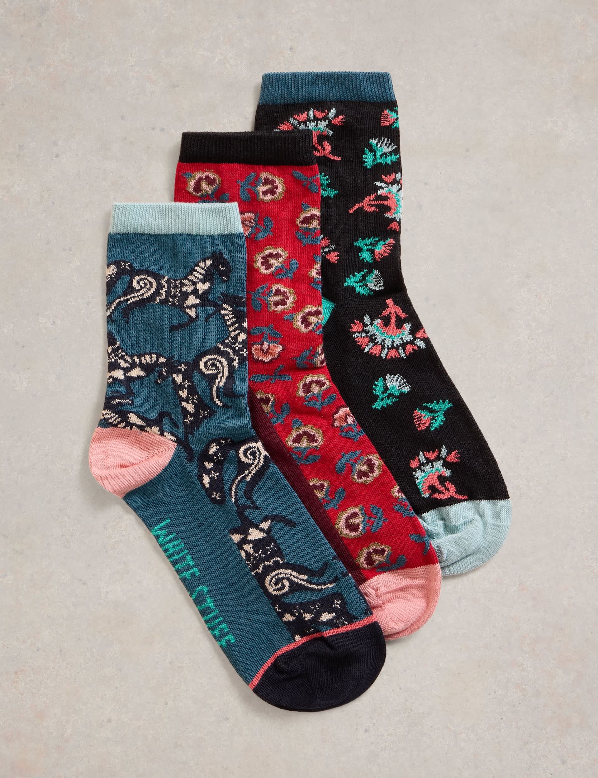 White Stuff Women's 3pk Floral Cotton Rich Socks - 6-8 - Teal Mix, Teal Mix