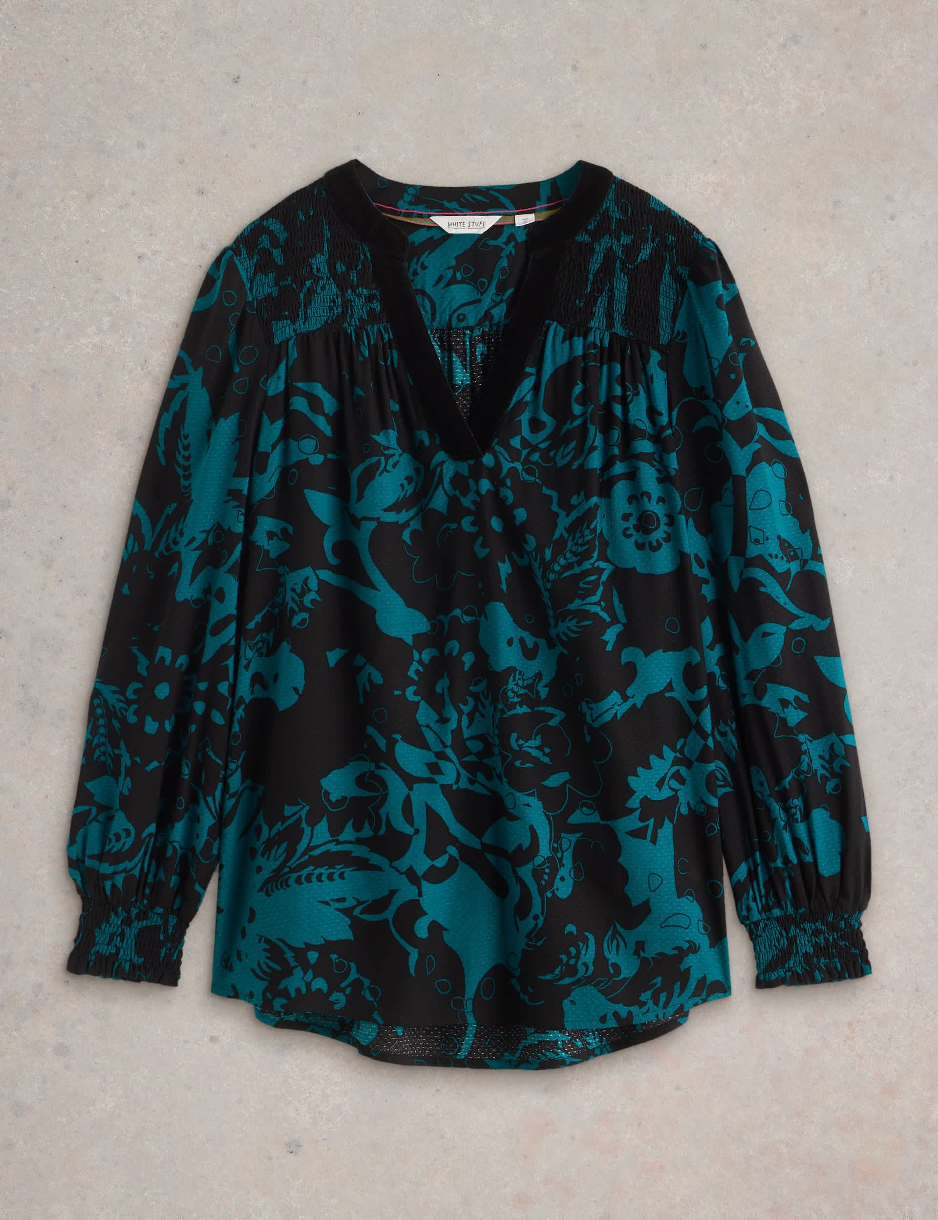 White Stuff Women's Printed Notch Neck Longline Blouse - 6REG - Teal Mix, Teal Mix