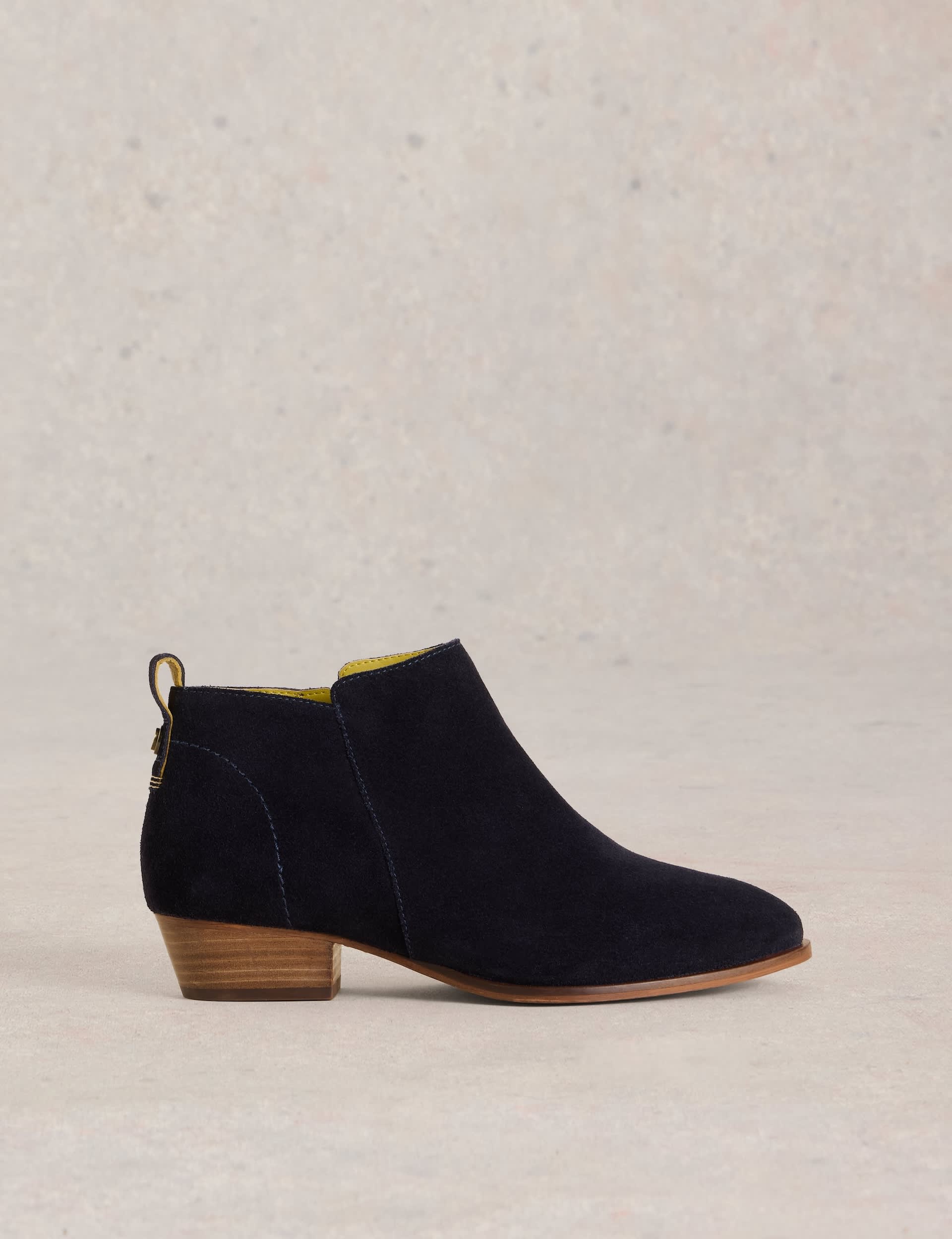 White Stuff Women's Wide Fit Suede Block Heel Ankle Boots - 6 - Navy, Navy,Tan