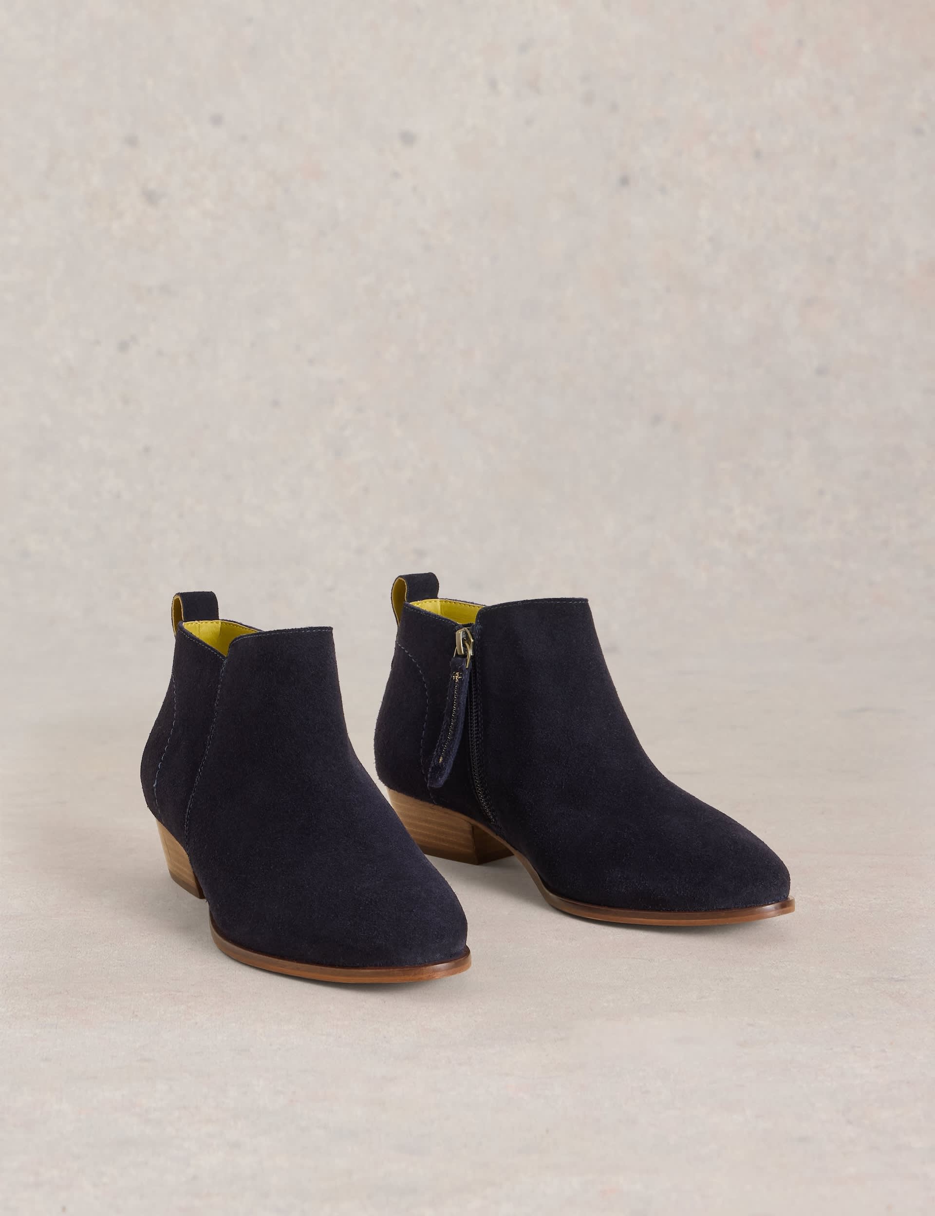 White Stuff Women's Wide Fit Suede Block Heel Ankle Boots - 6 - Navy, Navy,Tan