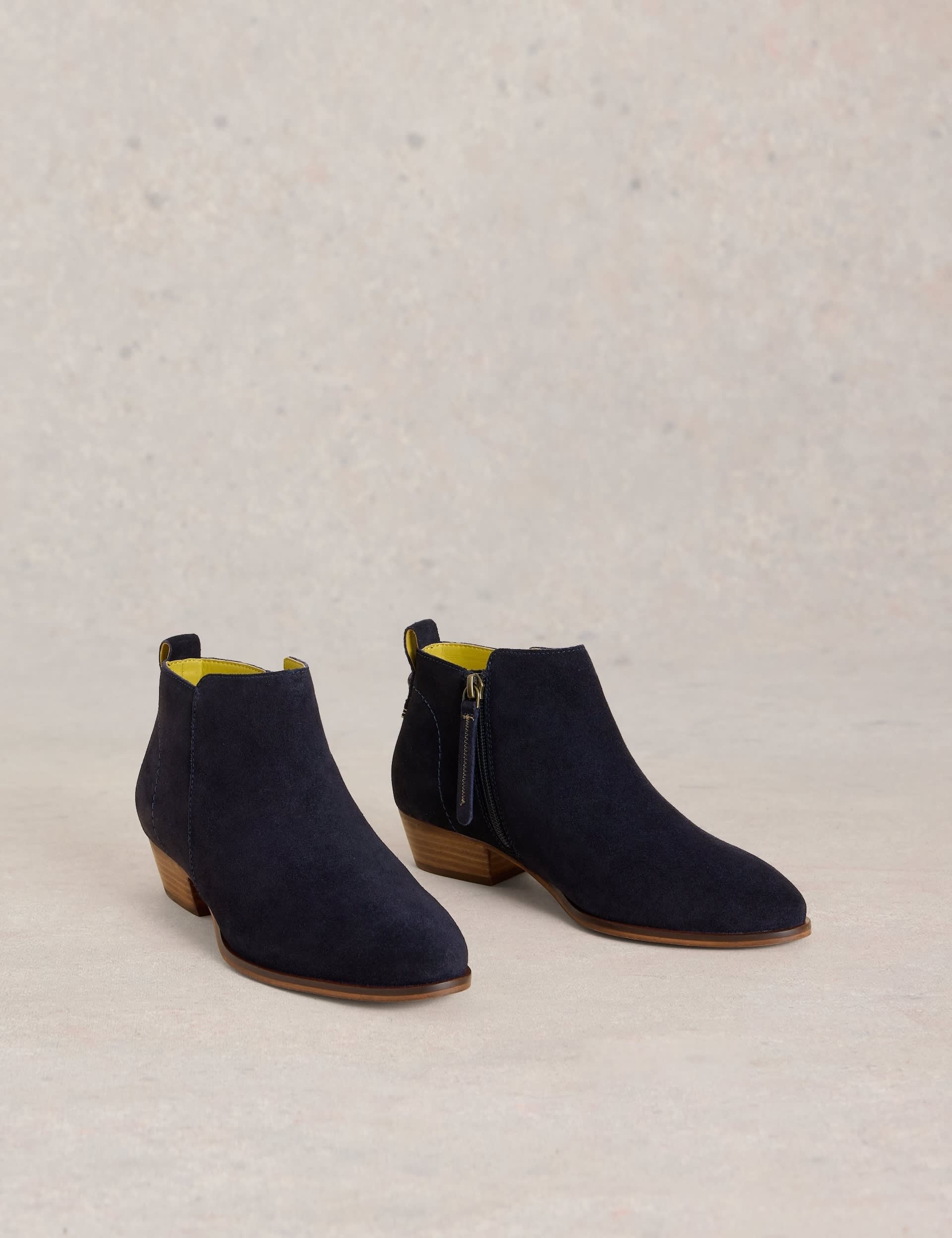 White Stuff Women's Suede Block Heel Ankle Boots - 7 - Navy, Tan,Navy