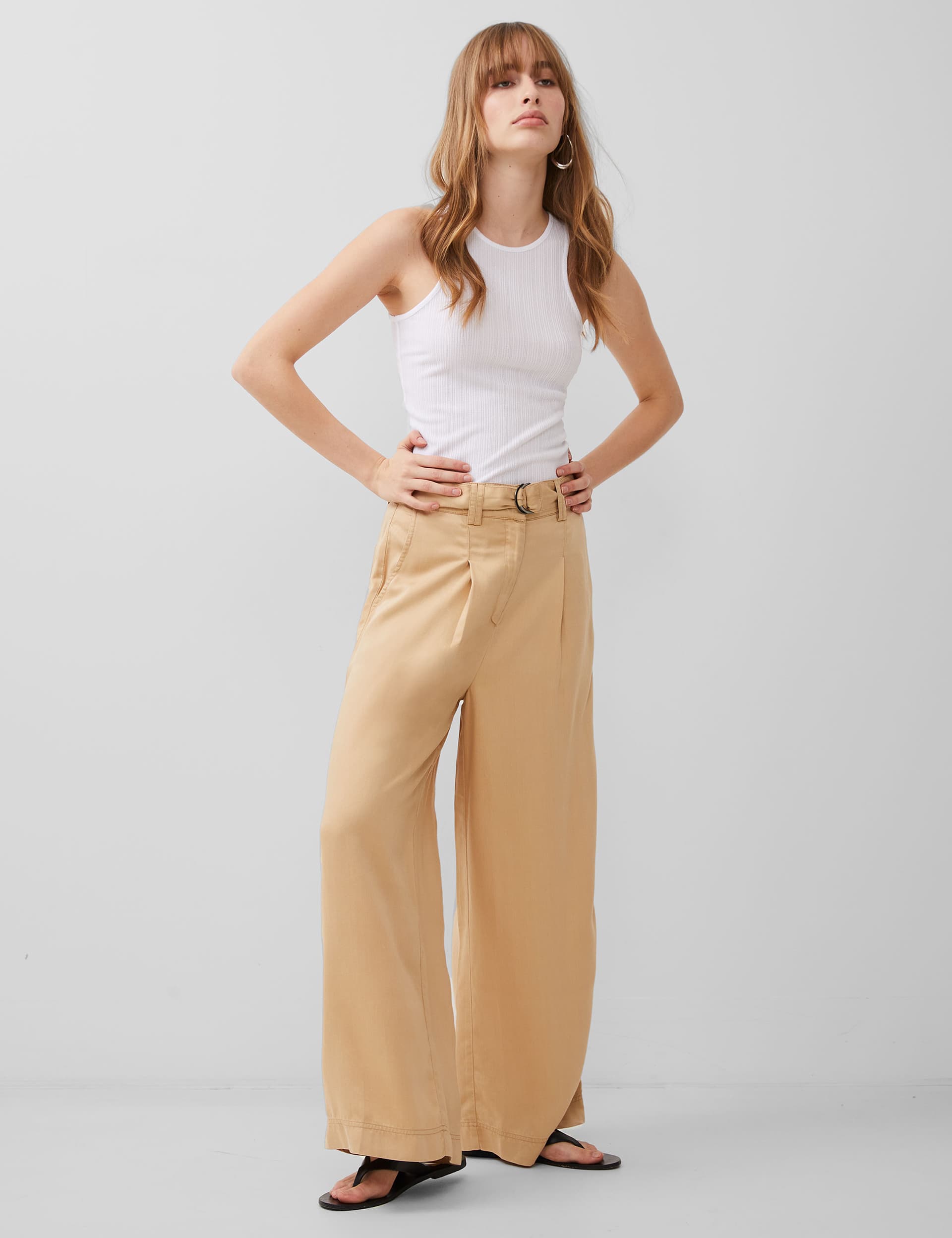 French Connection Women's Pure lyocell Belted Wide Leg Trousers - 16 - Nude, Nude