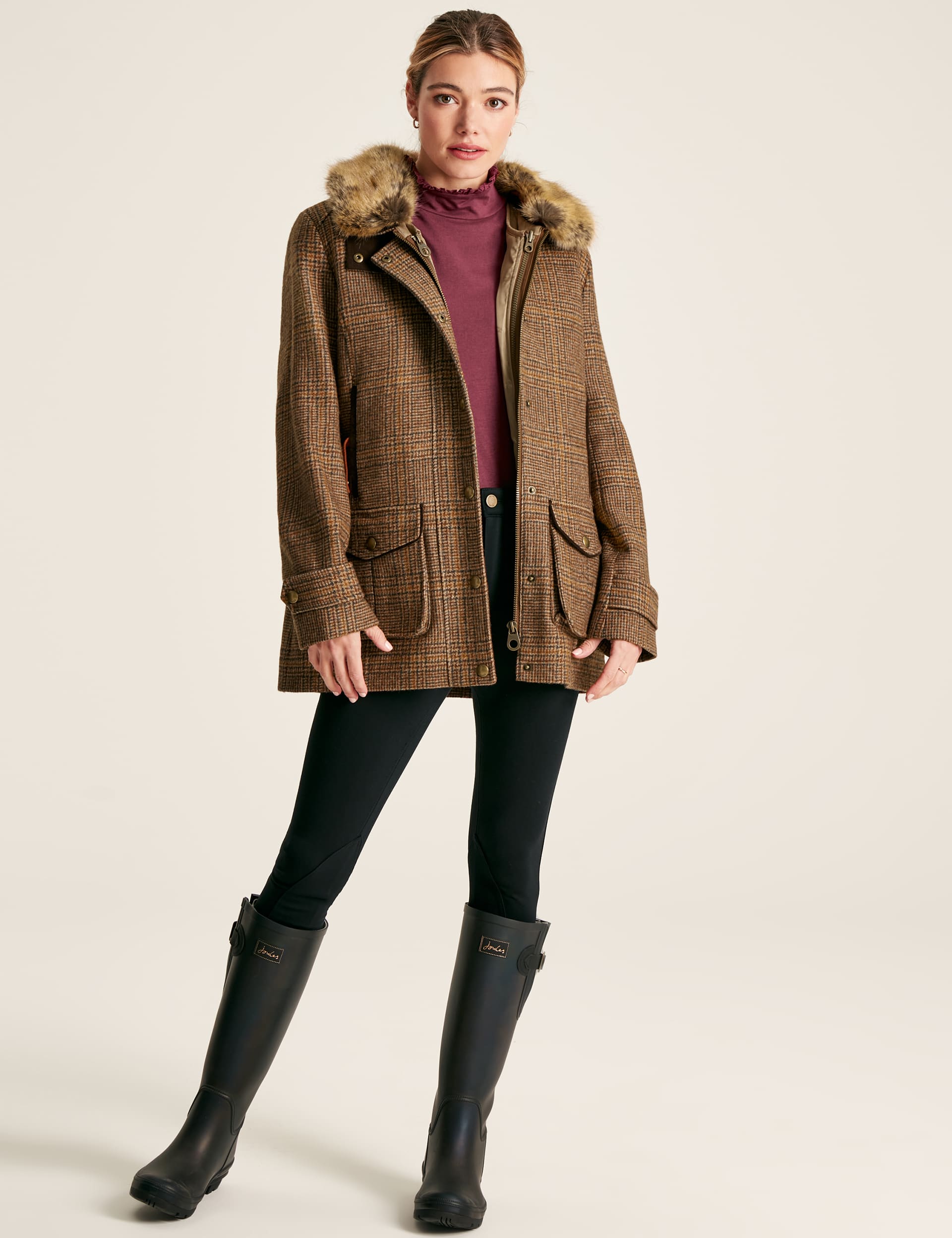 Joules Women's Checked Pea Coat - 12 - Brown Mix, Brown Mix