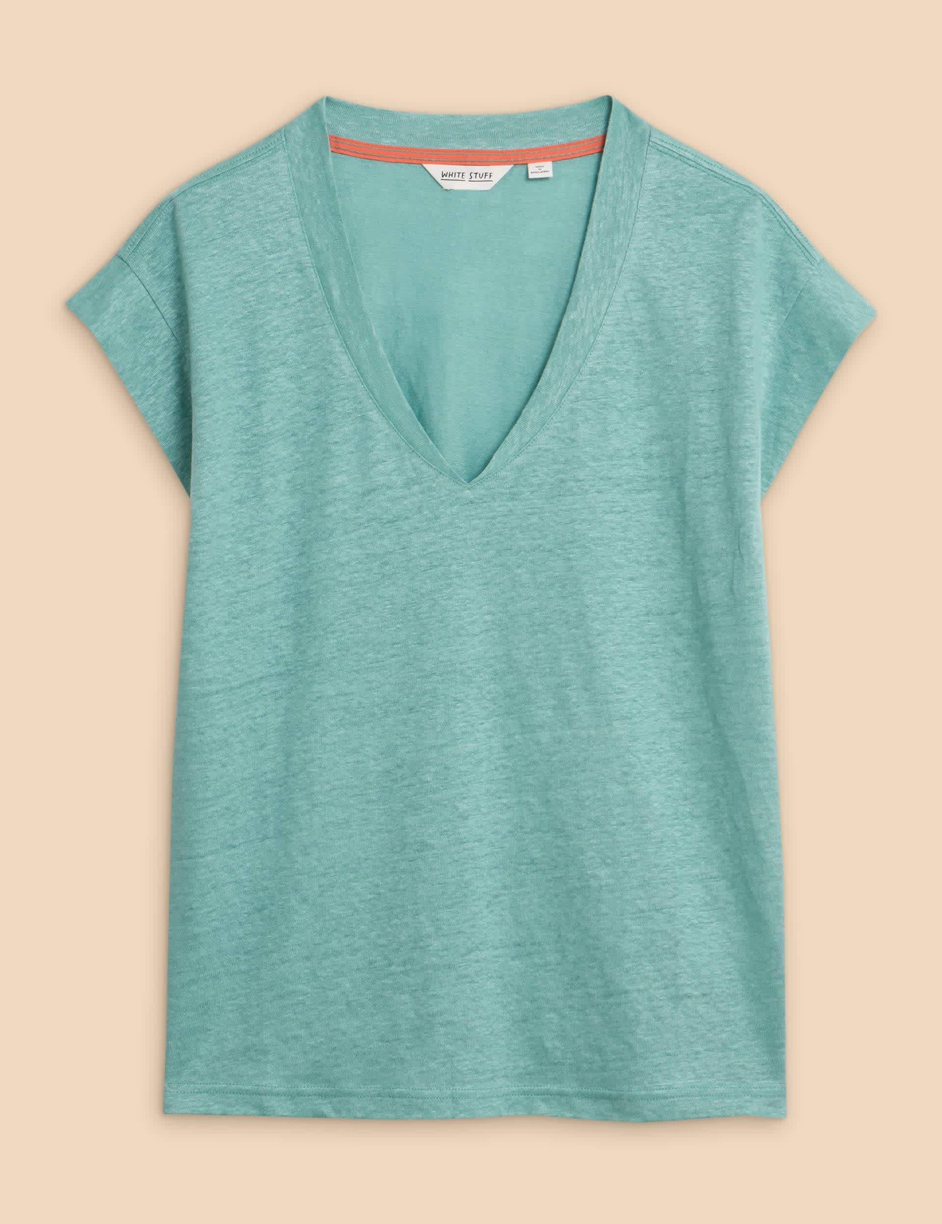 White Stuff Women's Pure Linen V-Neck T-Shirt - 16 - Teal, Teal