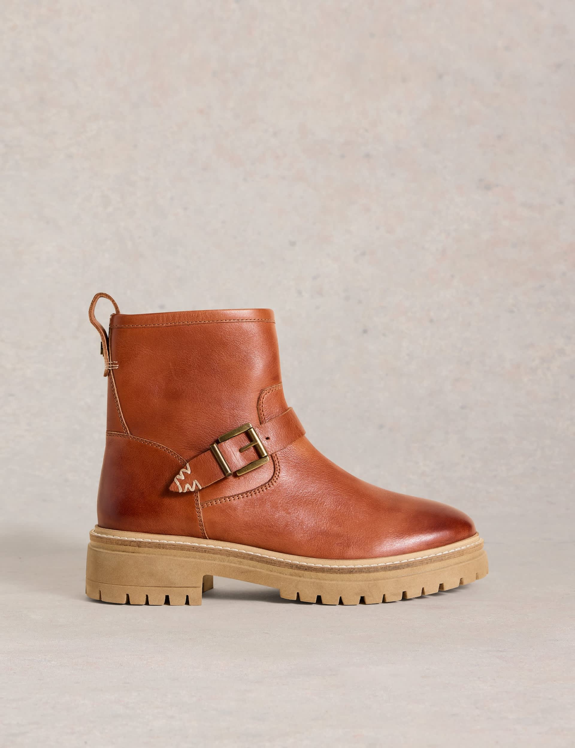 White Stuff Women's Leather Biker Buckle Round Toe Boots