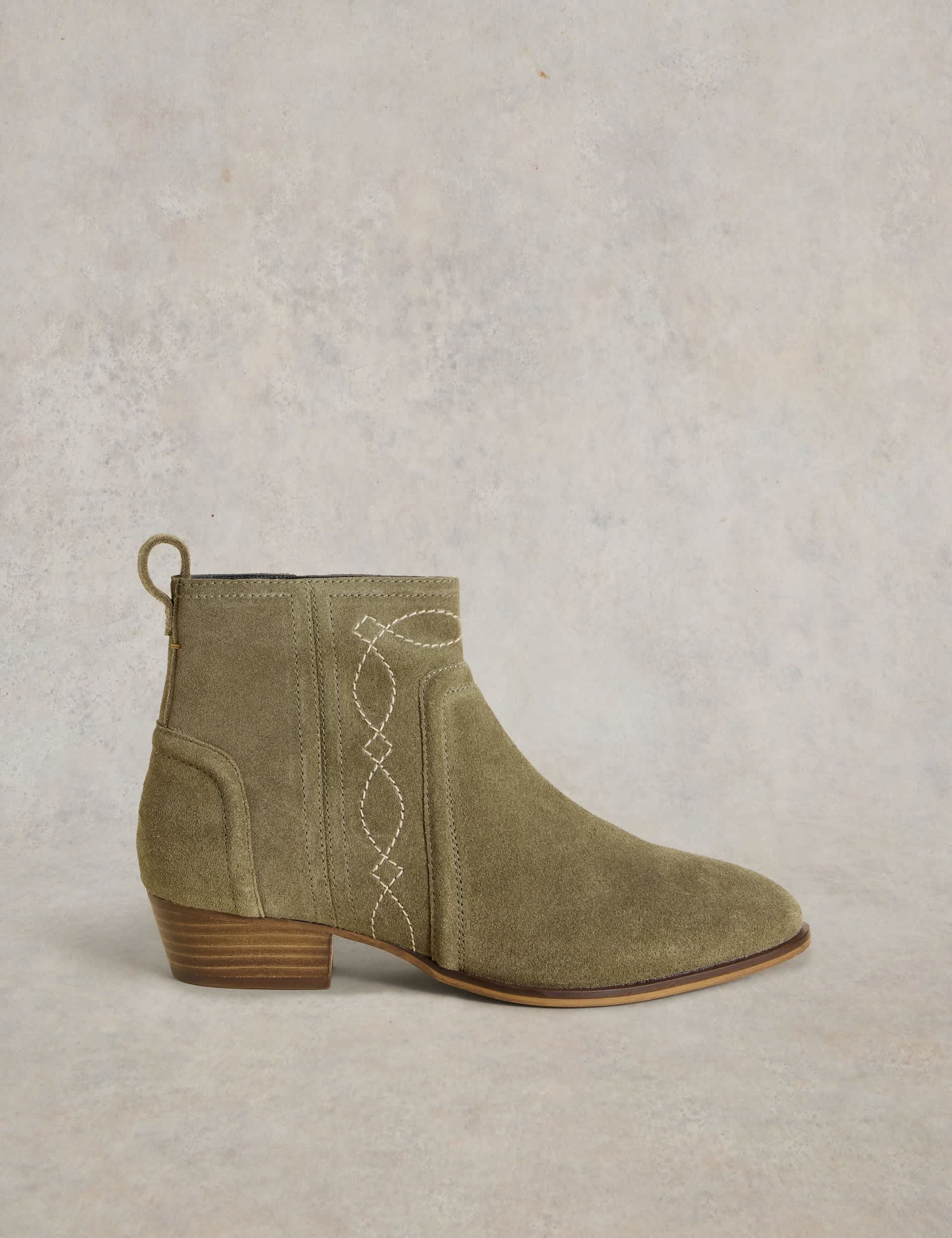 White Stuff Women's Suede Embroidered Block Heel Ankle Boots - 7 - Green, Brown,Green