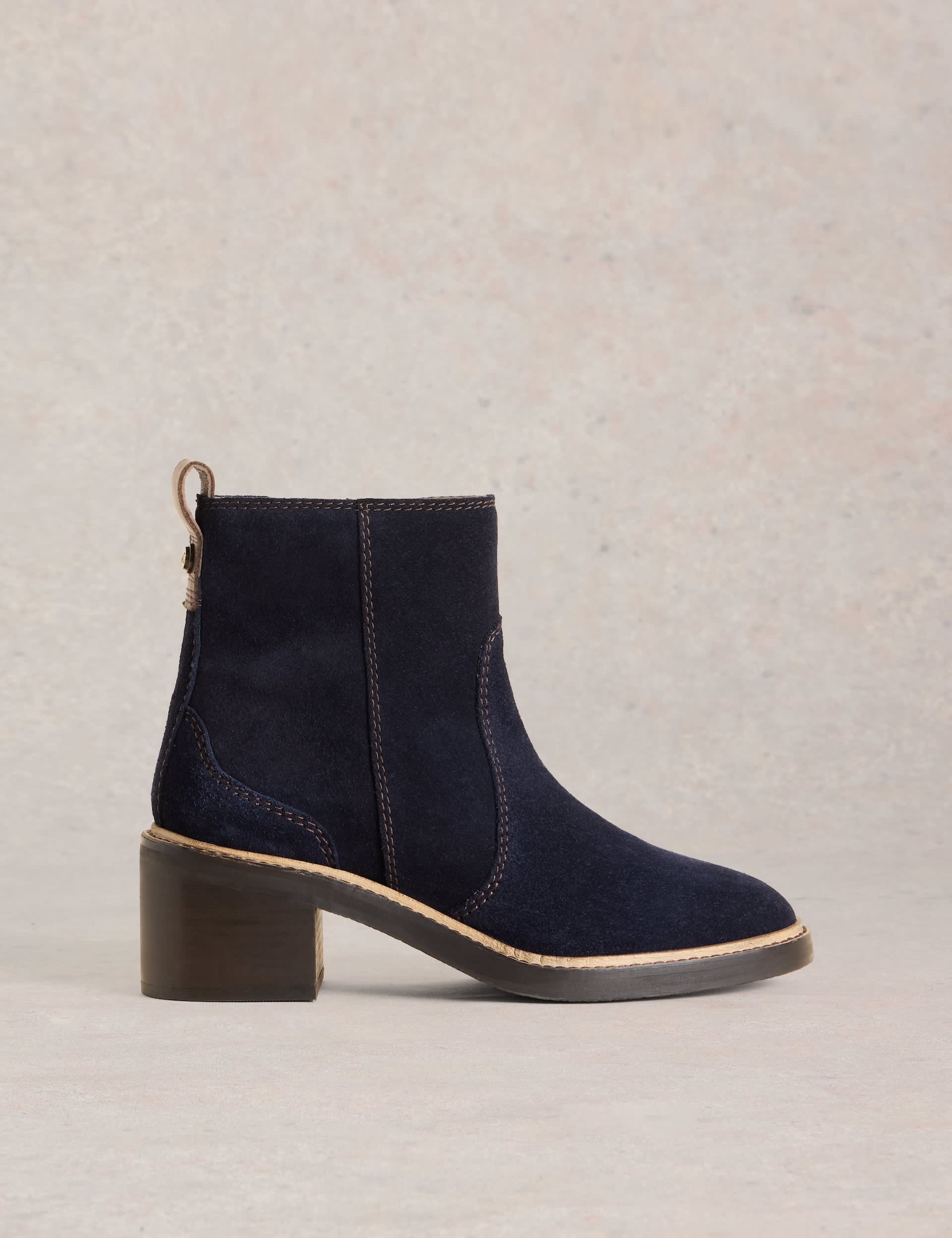 White Stuff Women's Suede Block Heel Ankle Boots - 4 - Navy, Navy,Tan