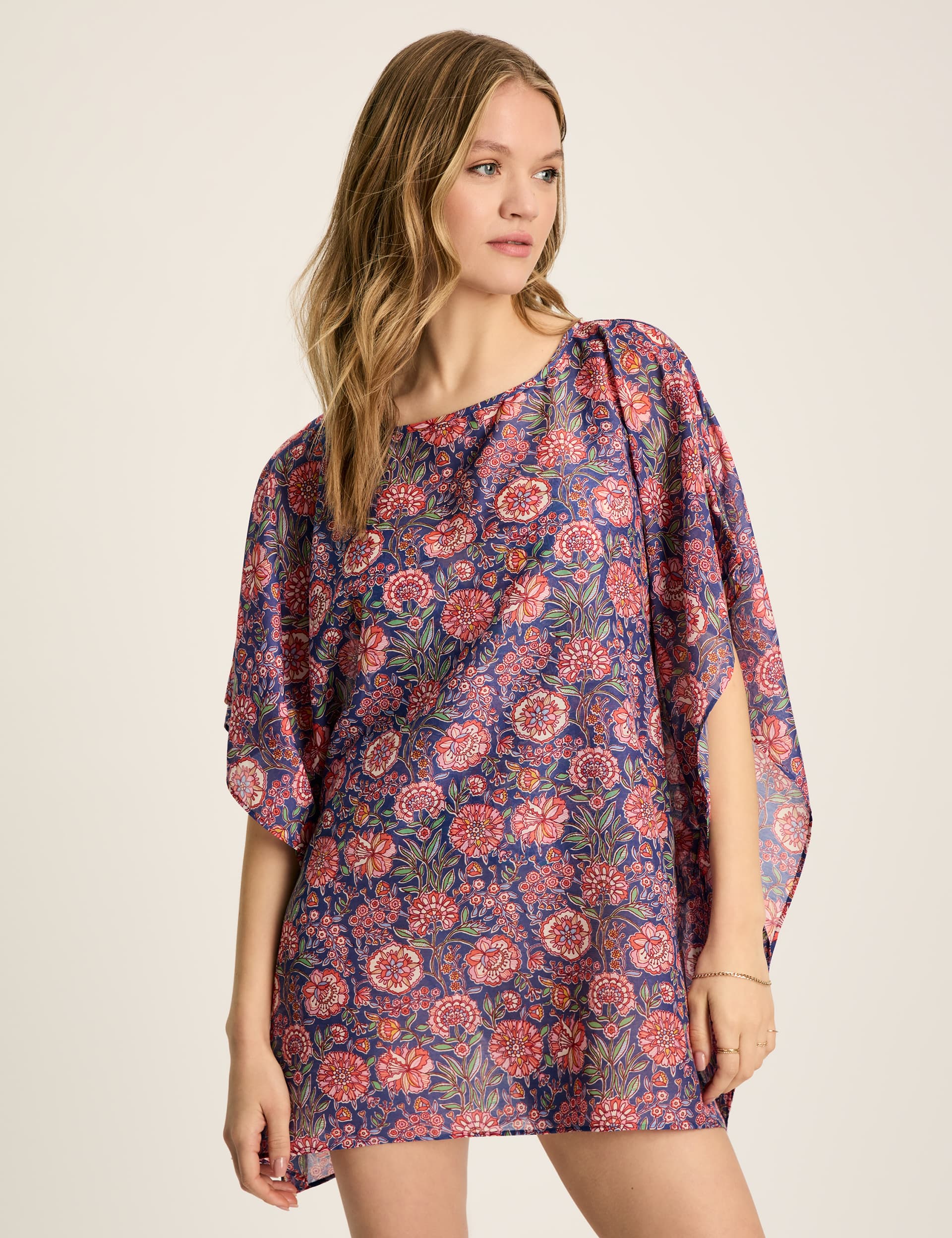 Joules Women's Floral Round Neck Mini Kaftan Beach Dress - Navy Mix, Navy Mix