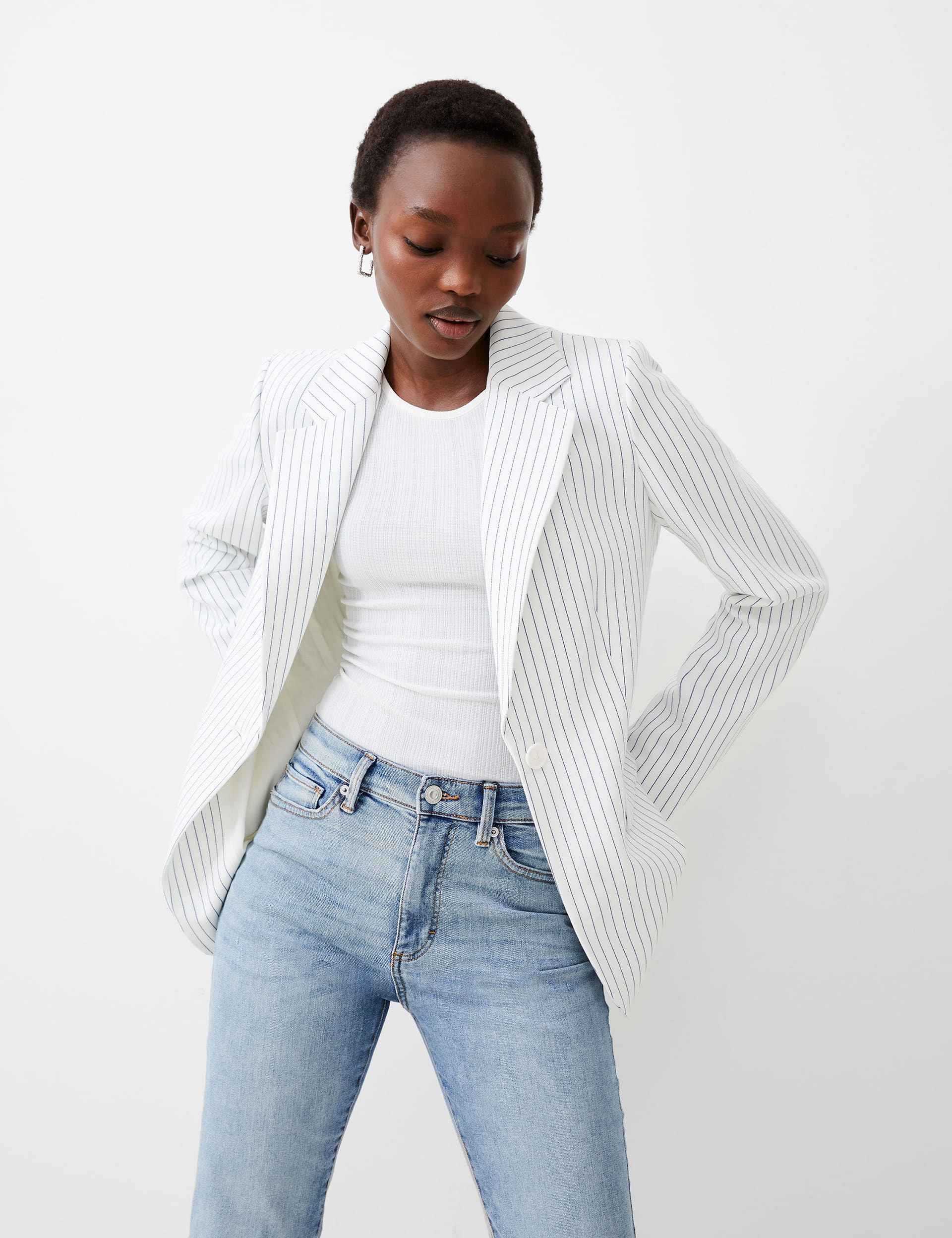 French Connection Women's Pinstripe Single Breasted Blazer - 16 - White Mix, White Mix