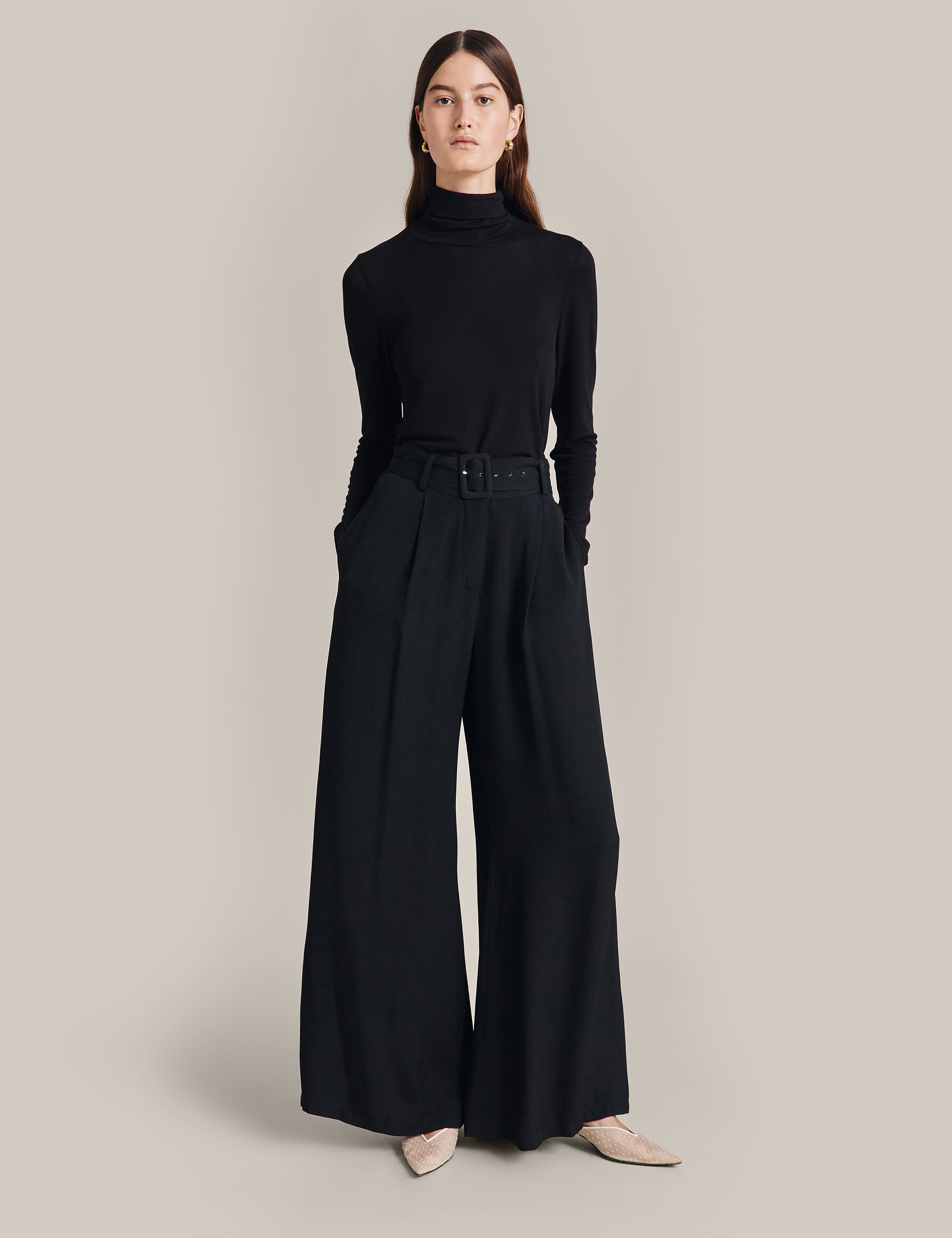 Ghost Women's Belted Wide Leg Trousers - XL - Black, Black