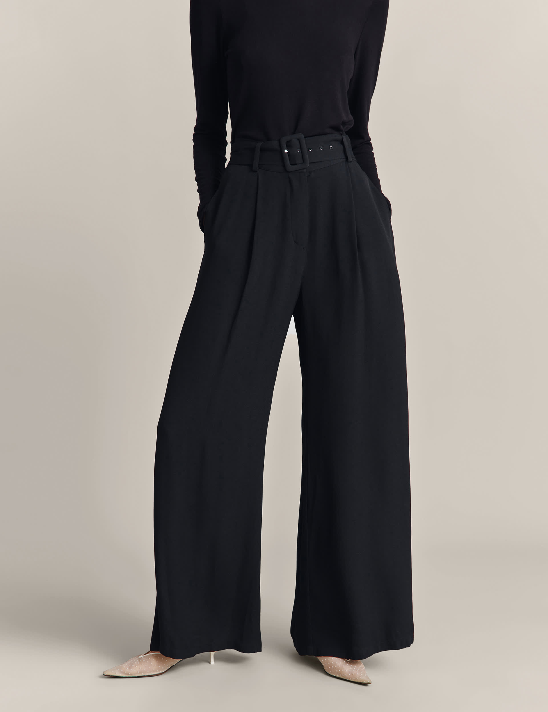 Ghost Women's Belted Wide Leg Trousers - XL - Black, Black