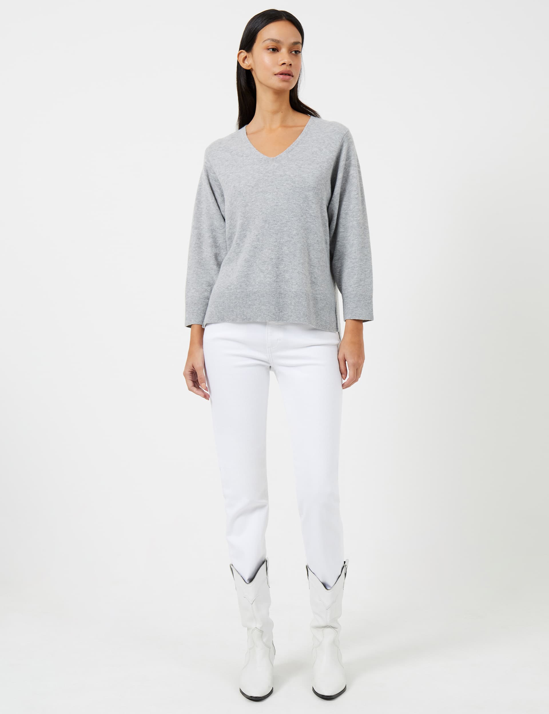 French Connection Women's Textured V-Neck Relaxed Jumper with Wool - Grey Mix, Grey Mix