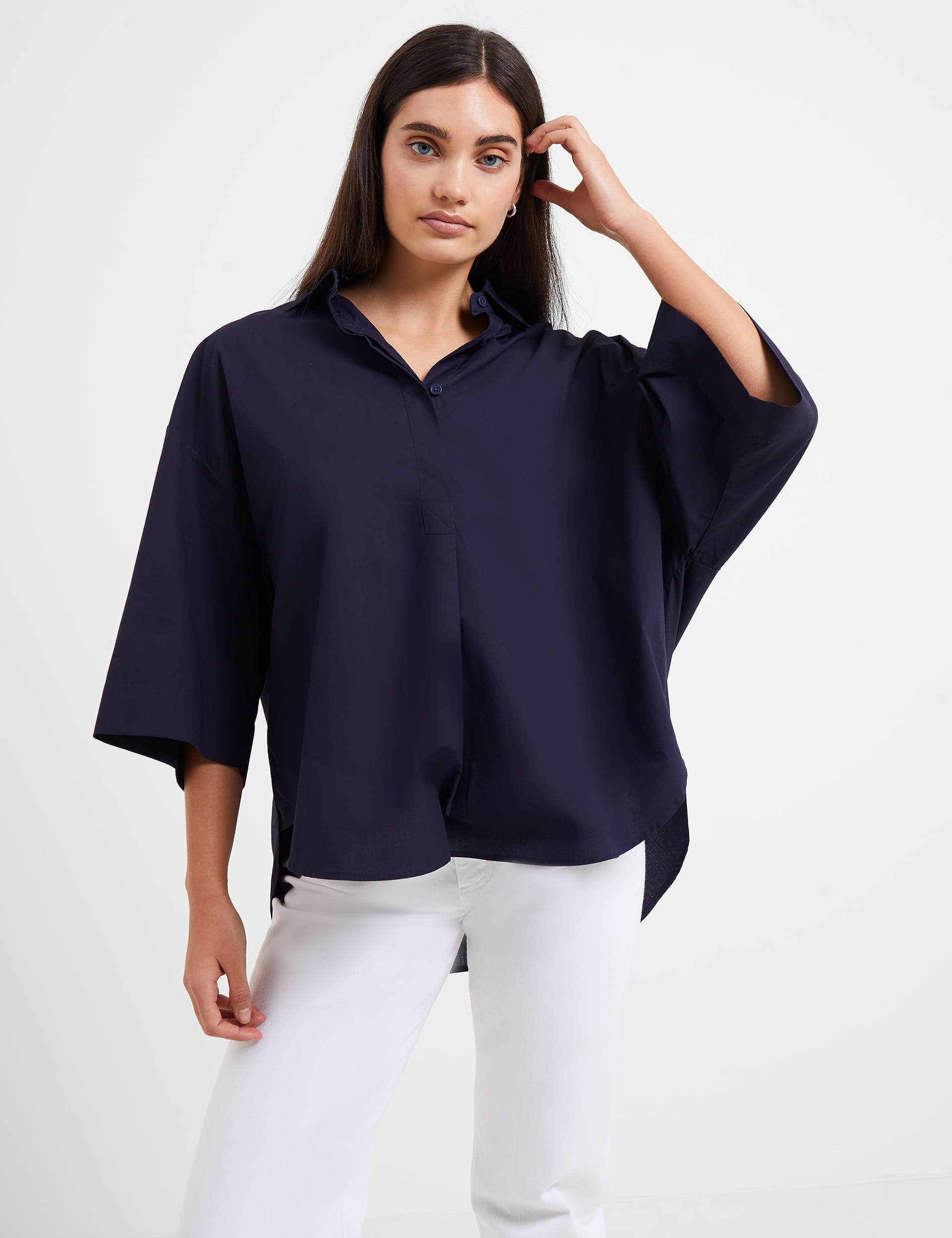 French Connection Women's Pure Cotton Collared Relaxed Popover Shirt - M - Blue, Blue