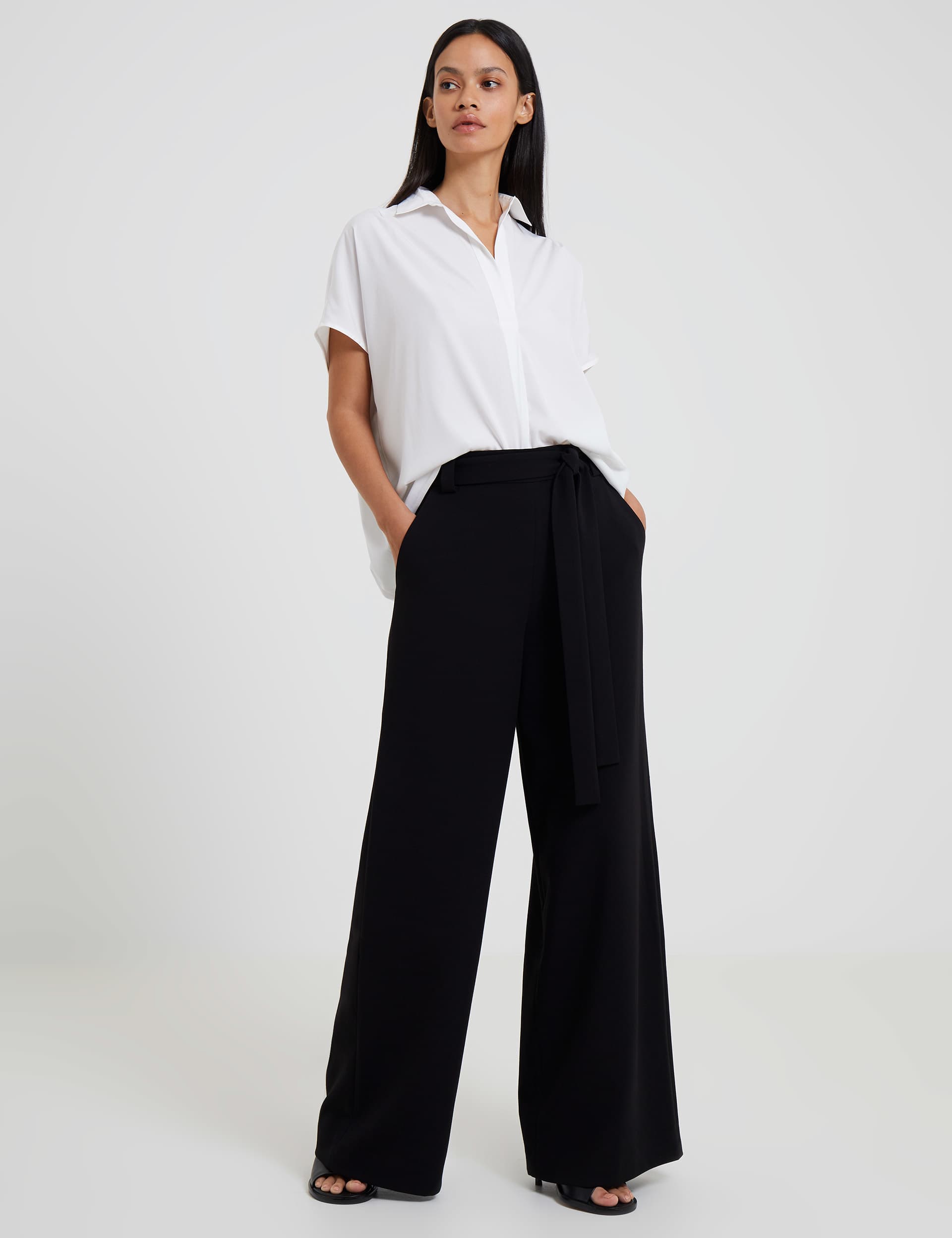 French Connection Women's Belted Relaxed Wide Leg Trousers - 8 - Black, Black