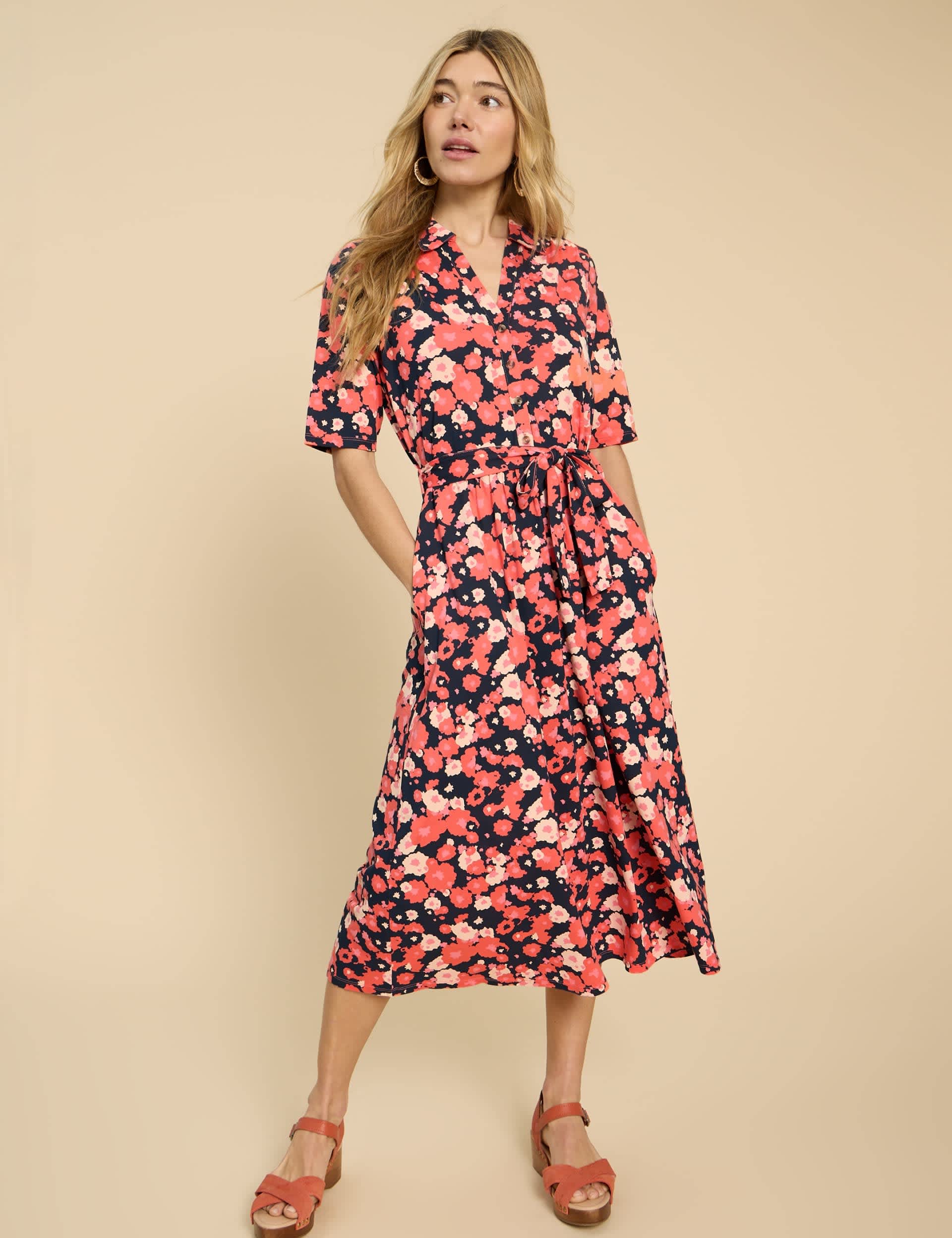 White Stuff Women's Jersey Floral Midi Shirt Dress - 6REG - Red Mix, Red Mix