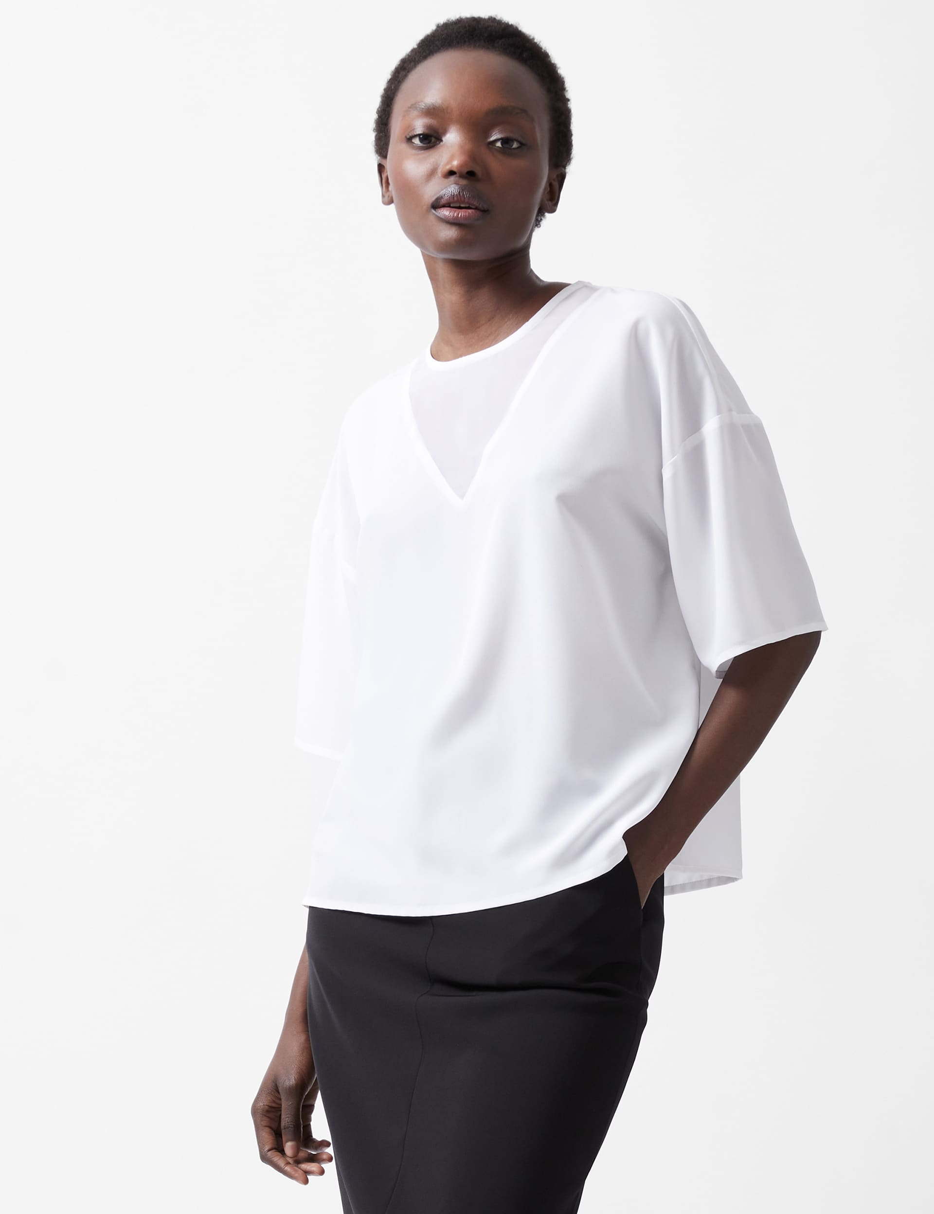 French Connection Women's Crepe V-Neck Top - M - White, Black,White