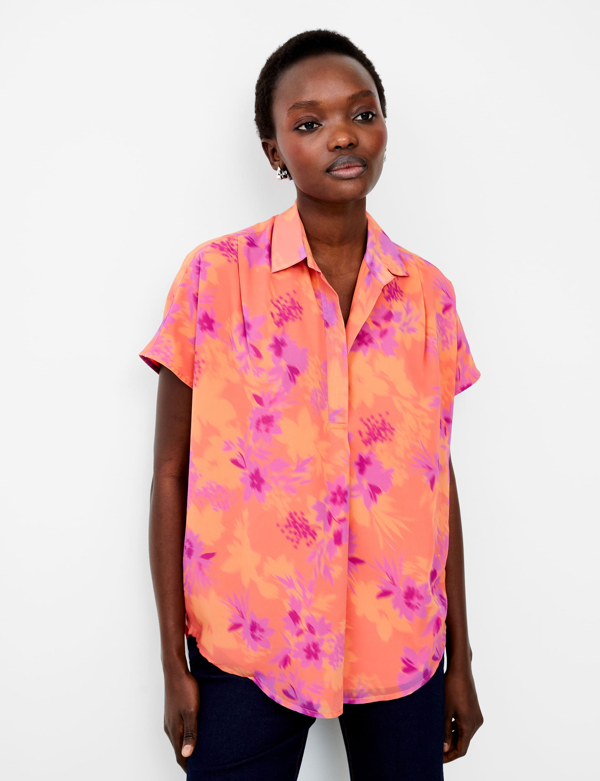 French Connection Women's Floral Collared Popover Shirt - XS - Orange Mix, Orange Mix