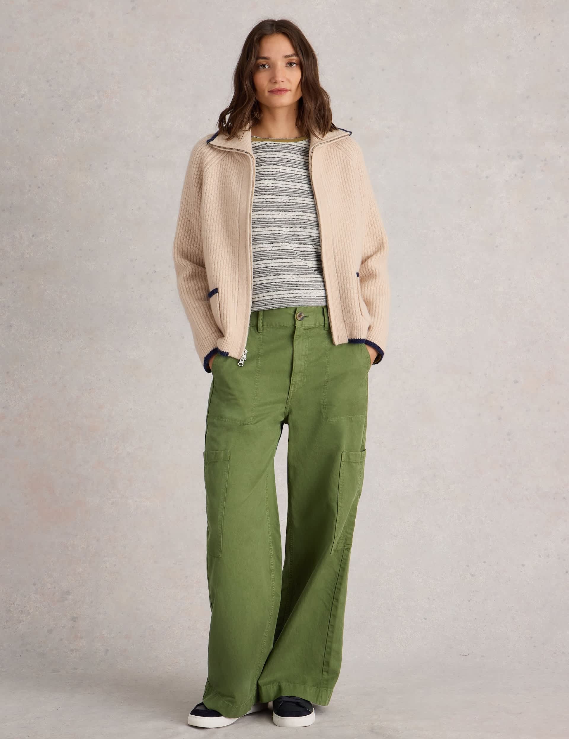 White Stuff Women's Cotton Blend Cargo Wide Leg Trousers - 12 - Green, Green