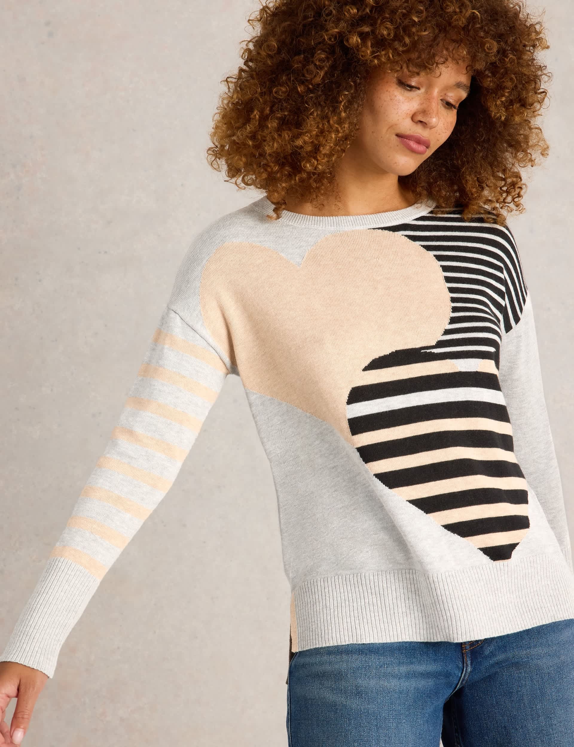 White Stuff Women's Cotton Rich Striped Heart Crew Neck Jumper - 12 - Natural Mix, Natural Mix