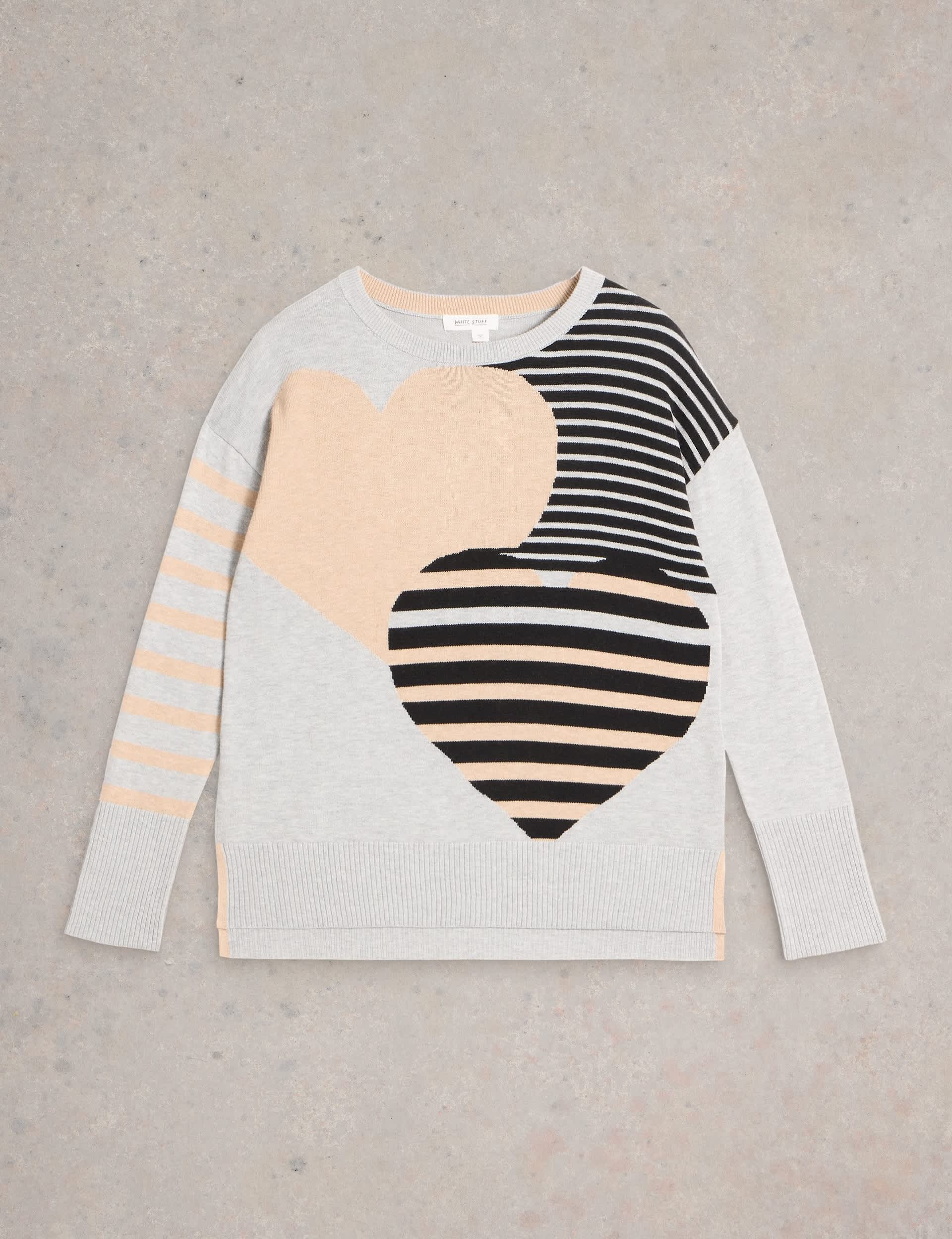 White Stuff Women's Cotton Rich Striped Heart Crew Neck Jumper - 16 - Natural Mix, Natural Mix