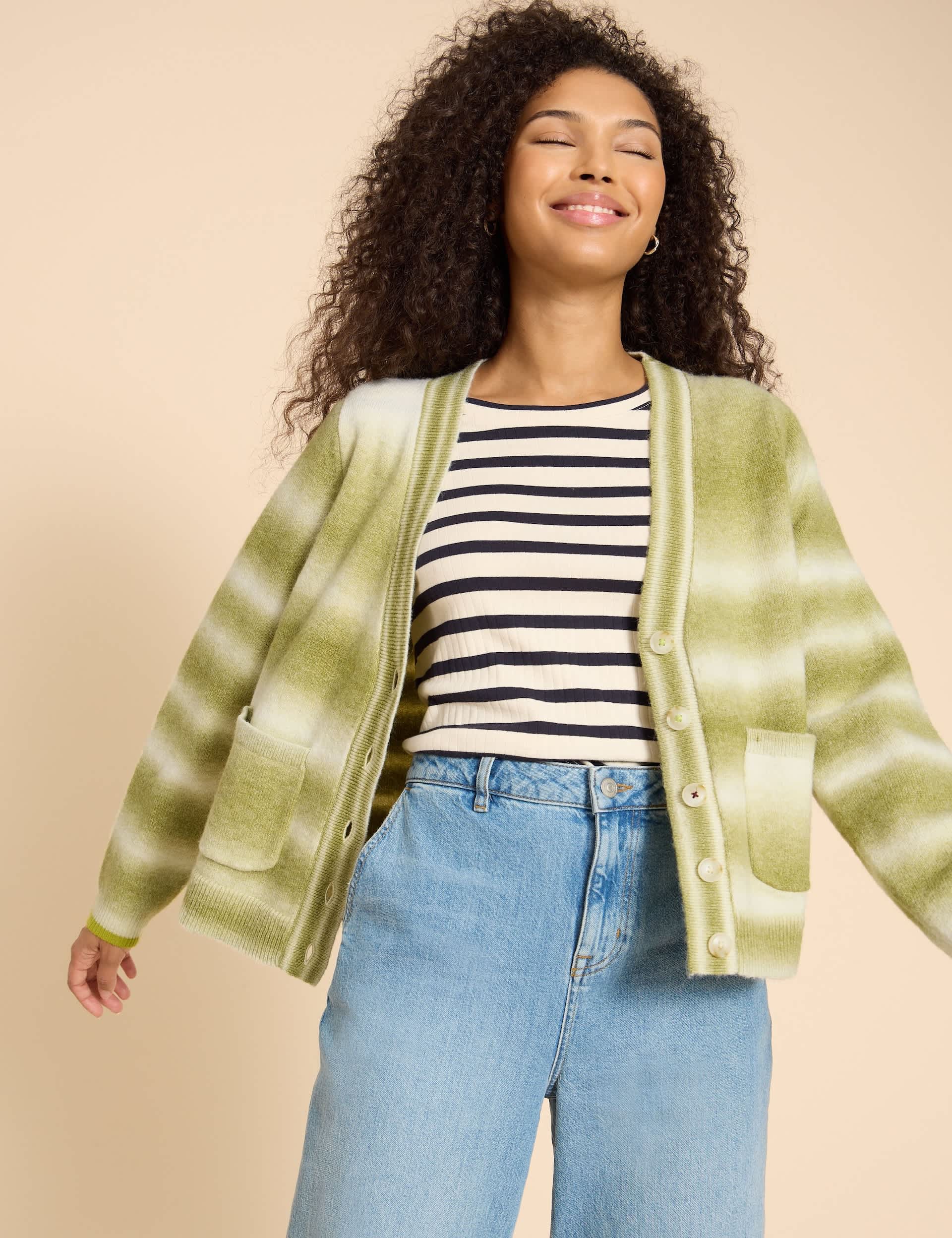 White Stuff Women's Striped Button Through Cardigan with Wool - 12 - Green Mix, Green Mix