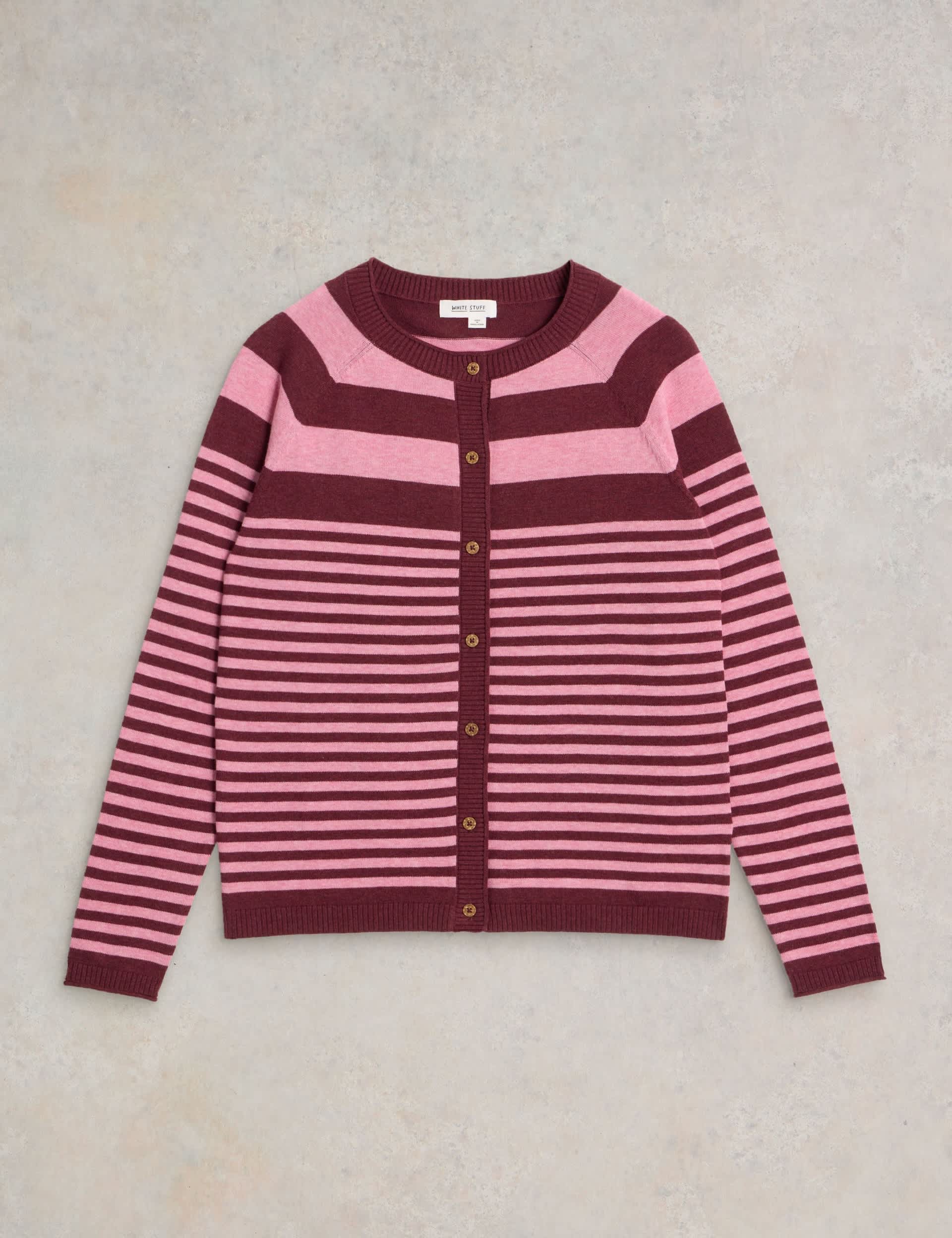 White Stuff Women's Pure Cotton Striped Cardigan - 6 - Bright Pink Mix, Bright Pink Mix