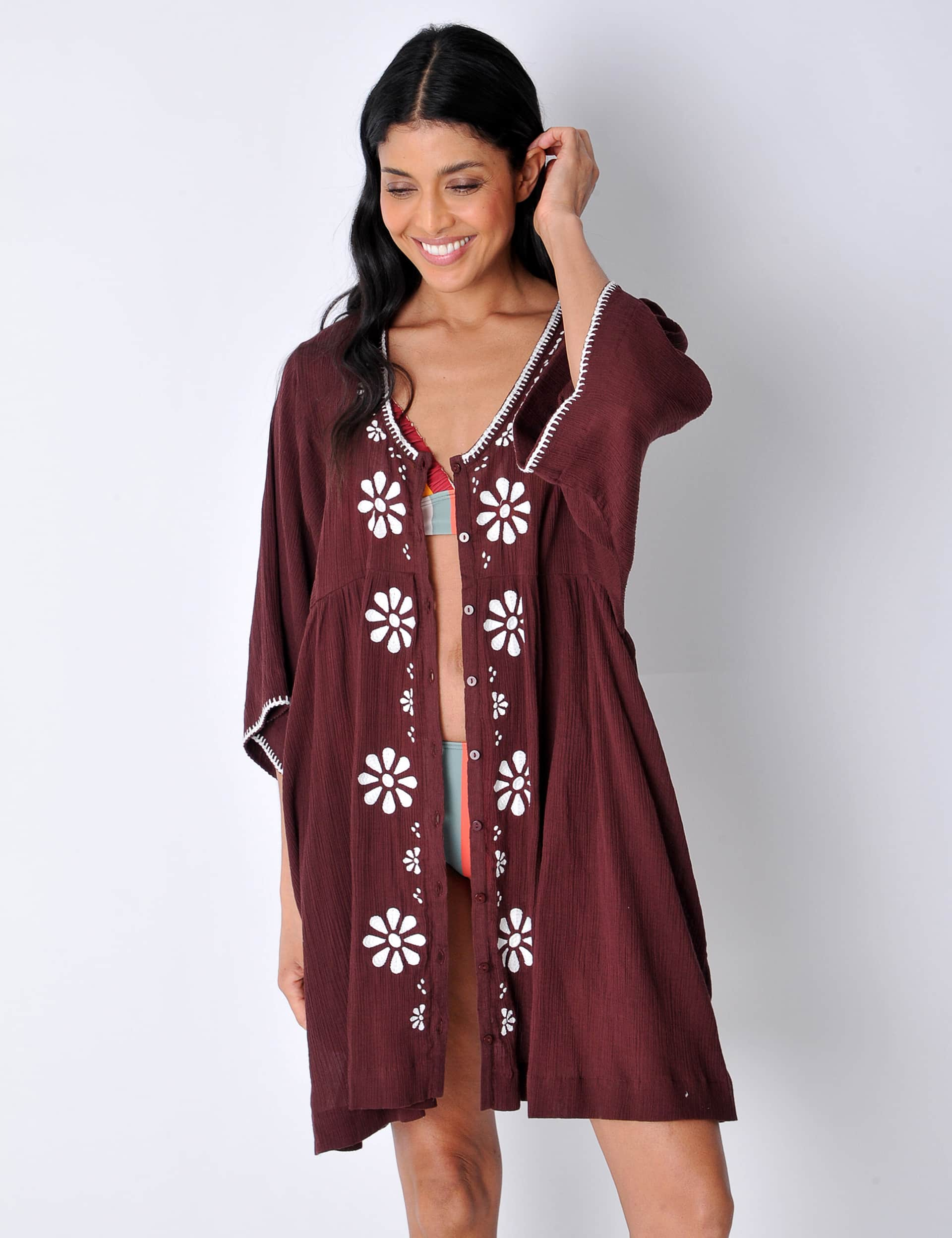 Burgs Women's Pure Cotton Embroidered Mini Kaftan Dress - 14 - Brown Mix, Brown Mix