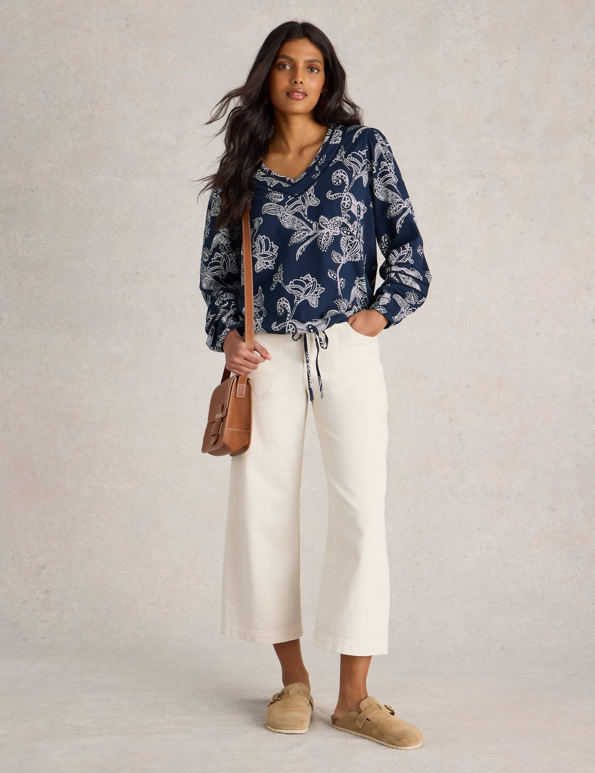 White Stuff Women's Pure Cotton Printed V-Neck Top