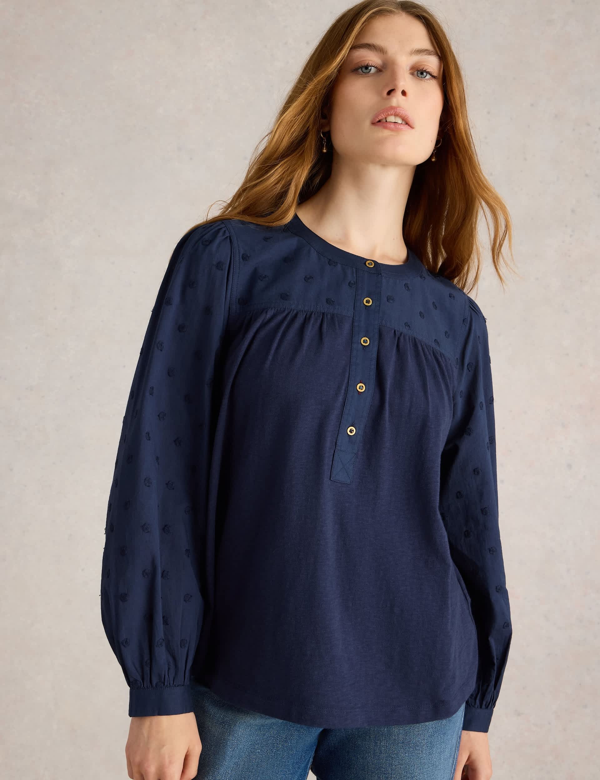 White Stuff Women's Pure Cotton Embroidered Puff Sleeve Shirt