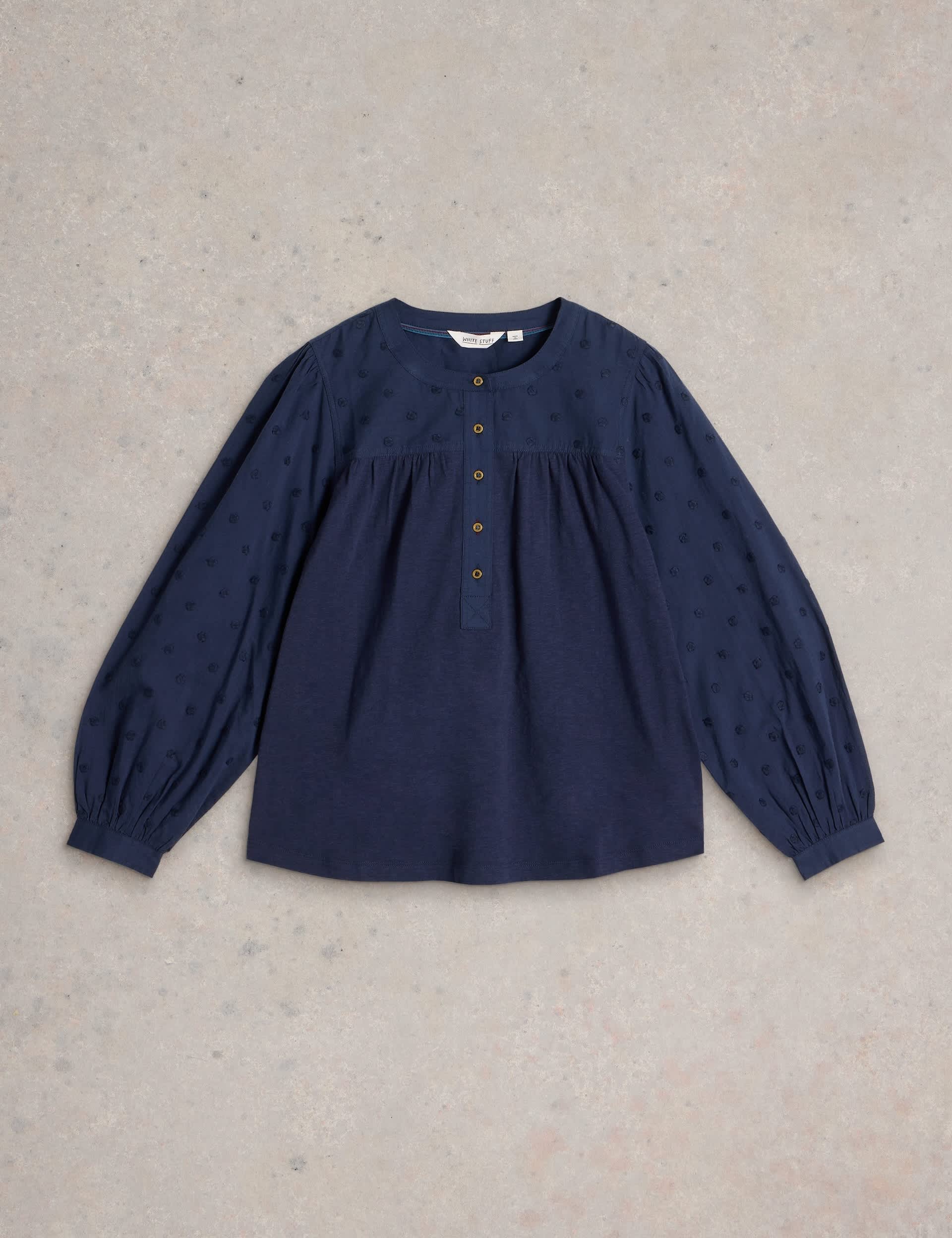 White Stuff Women's Pure Cotton Embroidered Puff Sleeve Shirt - 10 - Navy, Navy