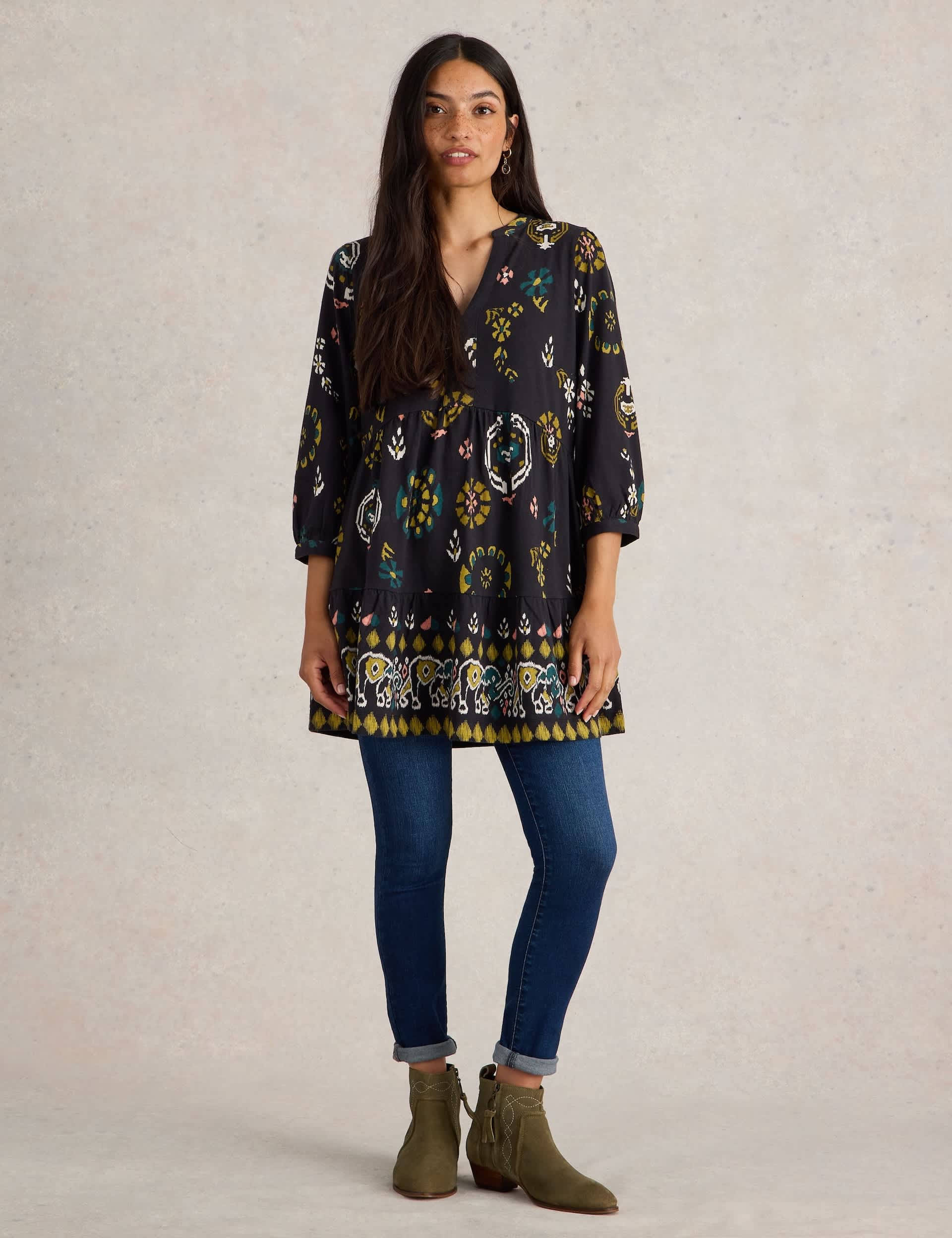 White Stuff Women's Pure Cotton Printed Tunic - 14REG - Black Mix, Black Mix