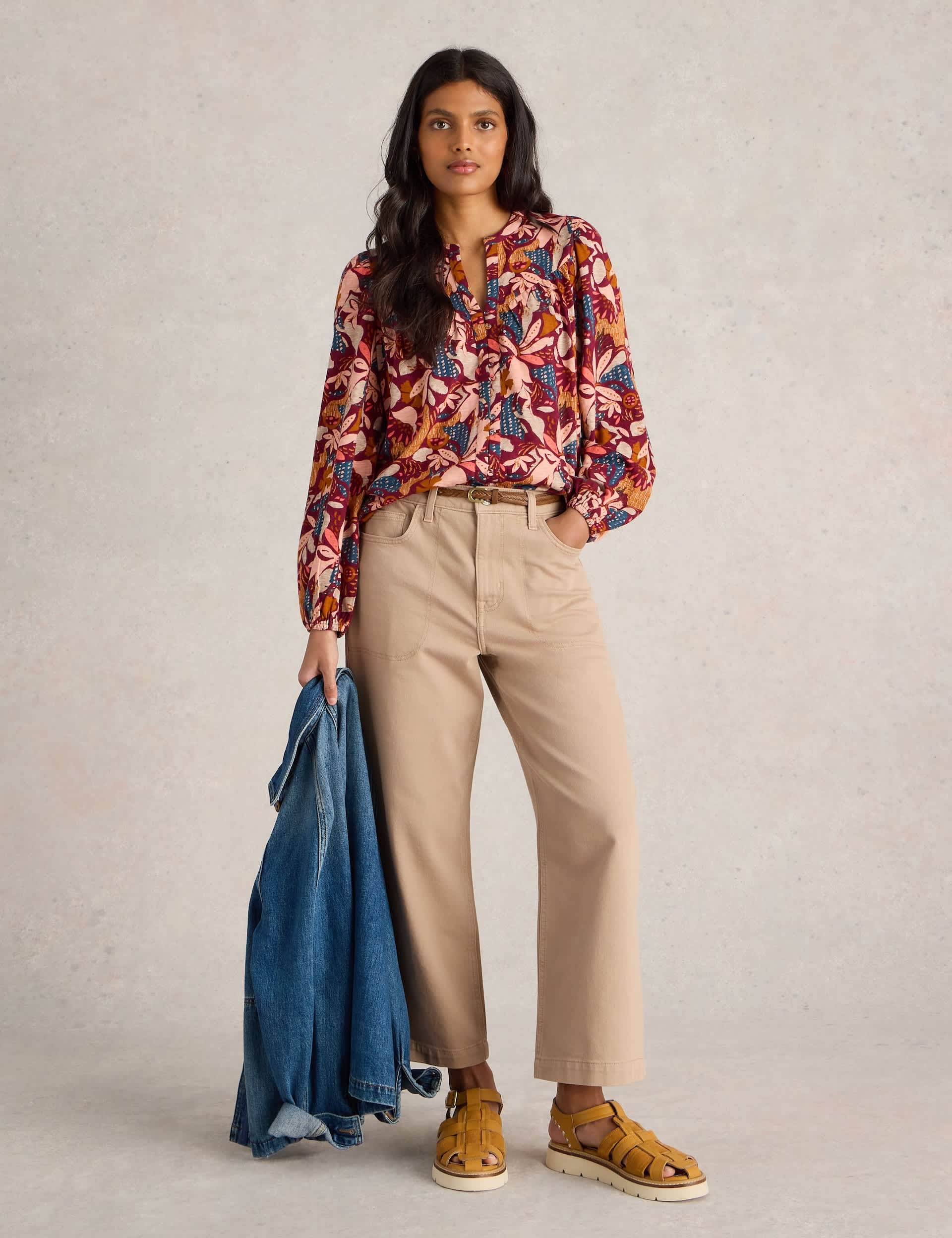 White Stuff Women's Pure Cotton Printed Notch Neck Top