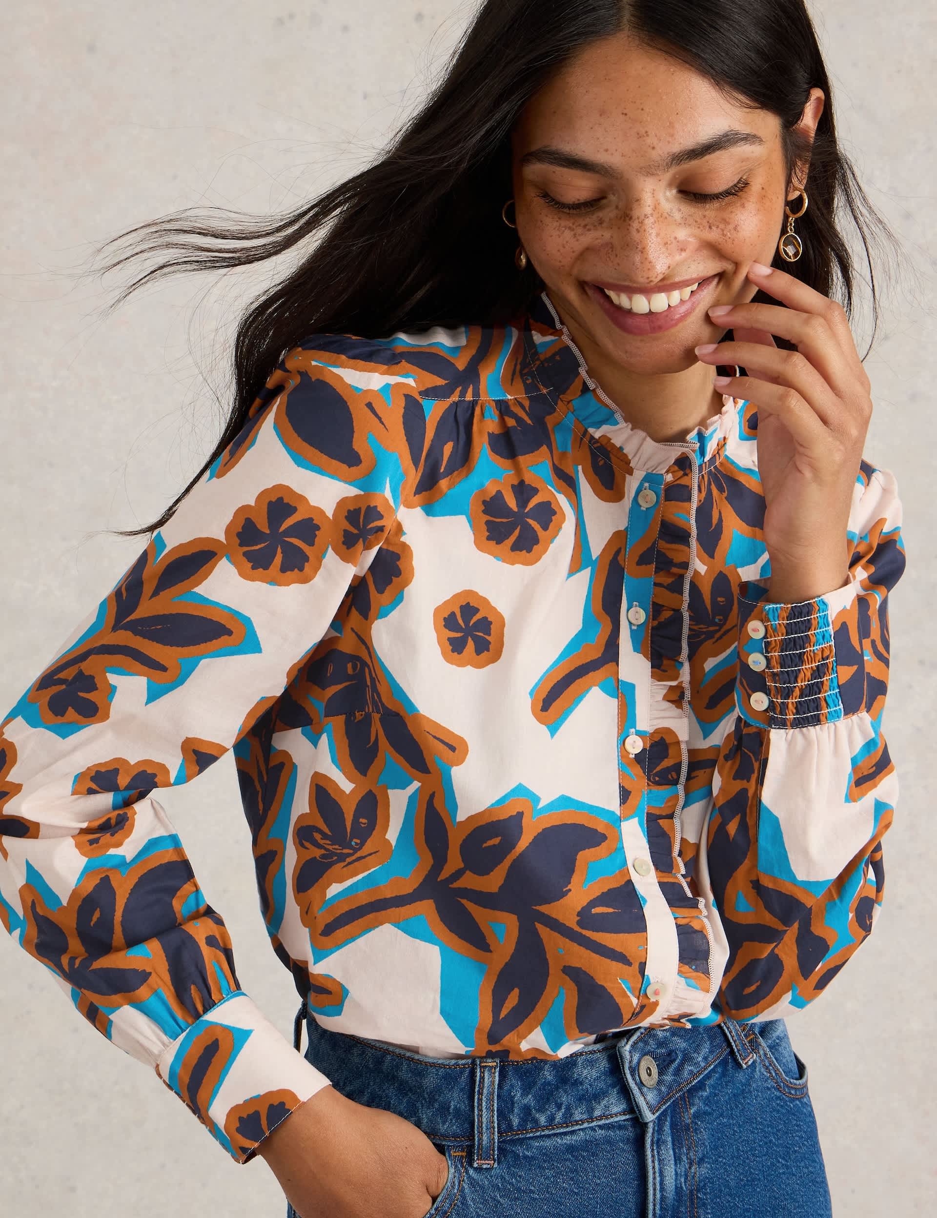 White Stuff Women's Cotton Rich Printed Frill Detail Shirt