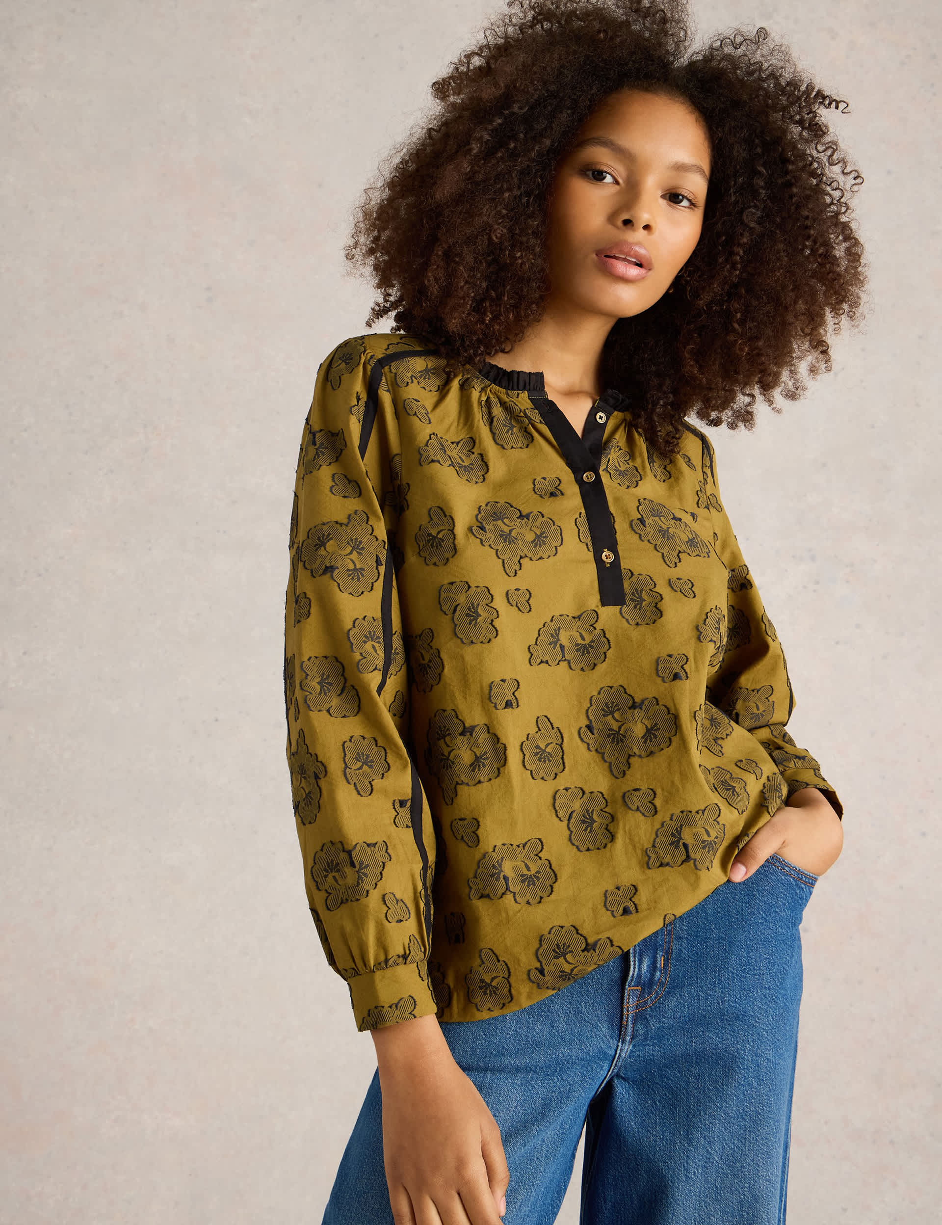 White Stuff Women's Pure Cotton Floral Jacquard Blouse