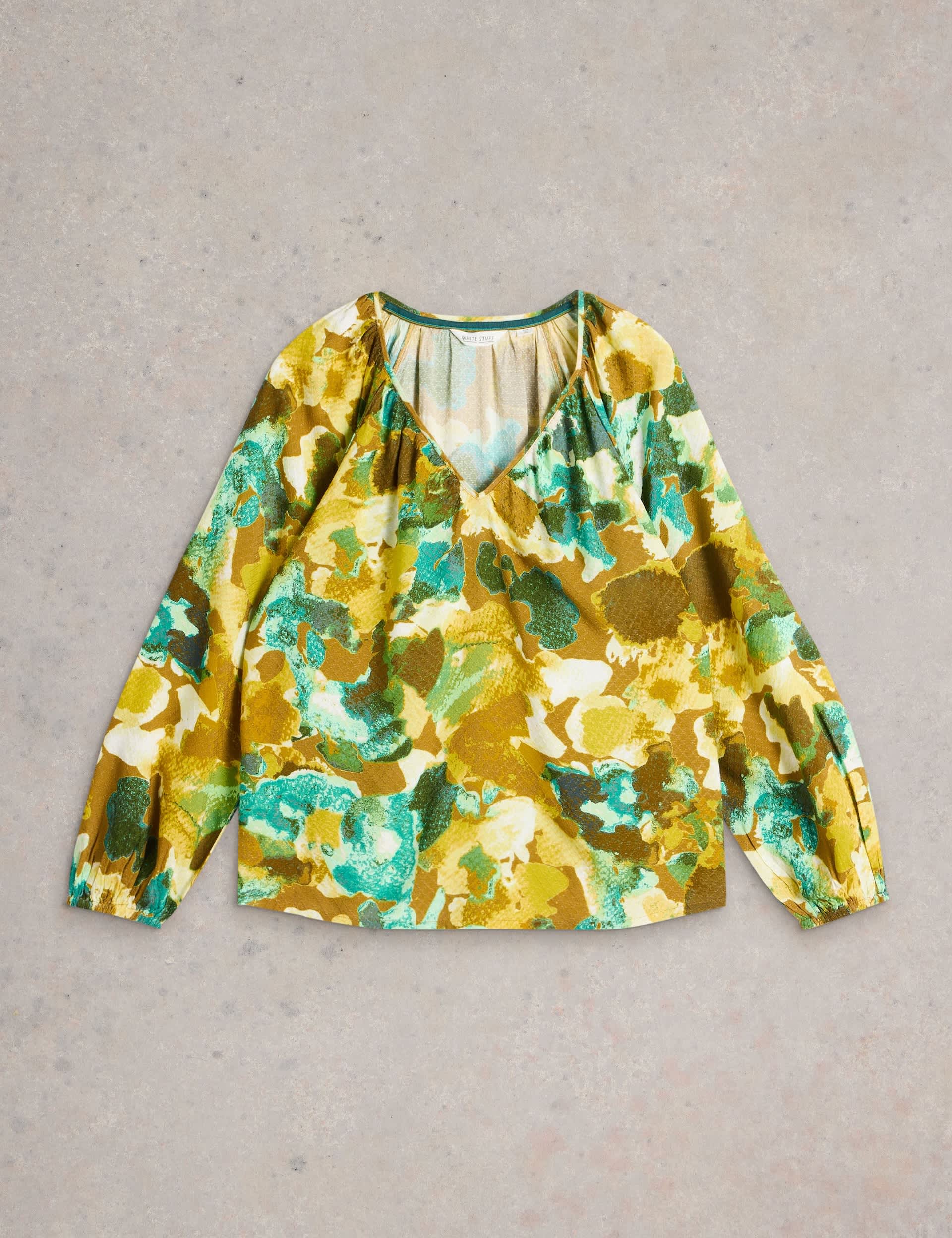 White Stuff Women's Printed V-Neck Blouson Sleeve Top - 10 - Yellow Mix, Yellow Mix