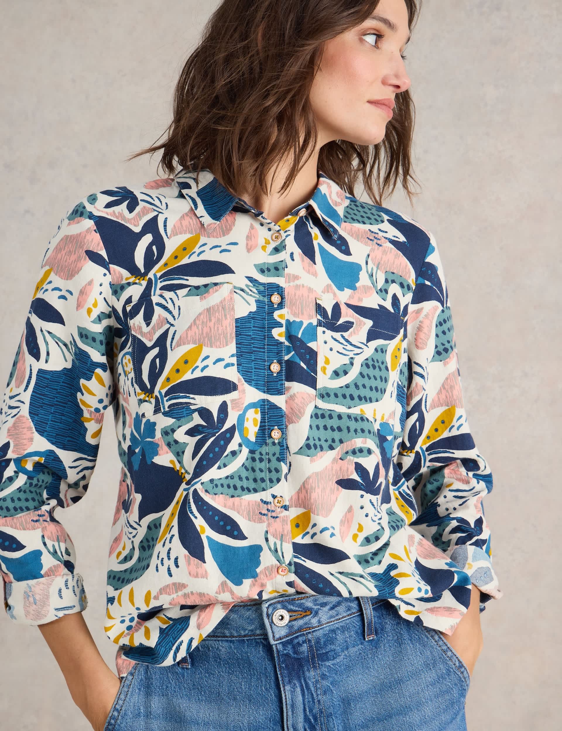 White Stuff Women's Pure Cotton Floral Collared Shirt