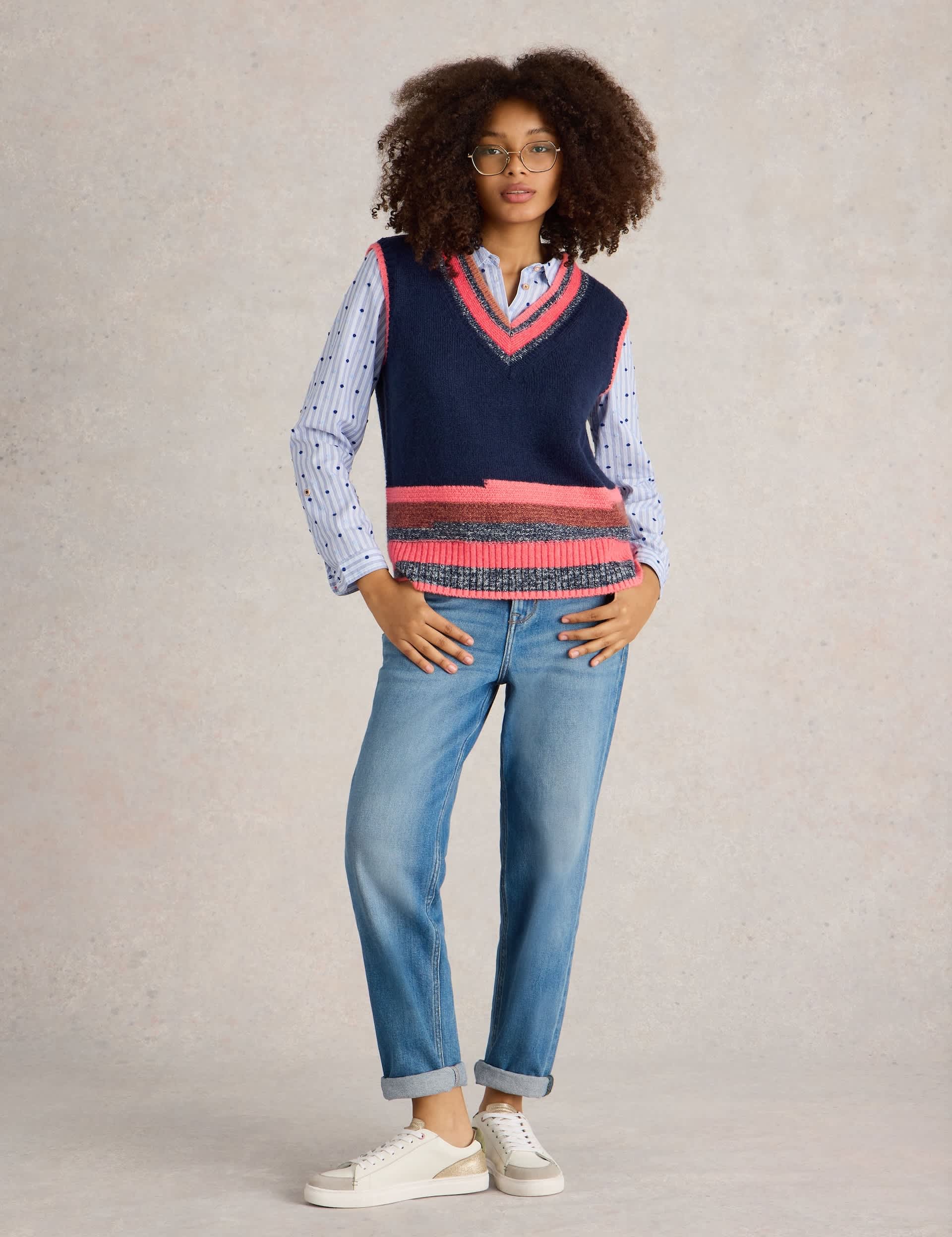 White Stuff Women's Striped V-Neck Jumper with Wool