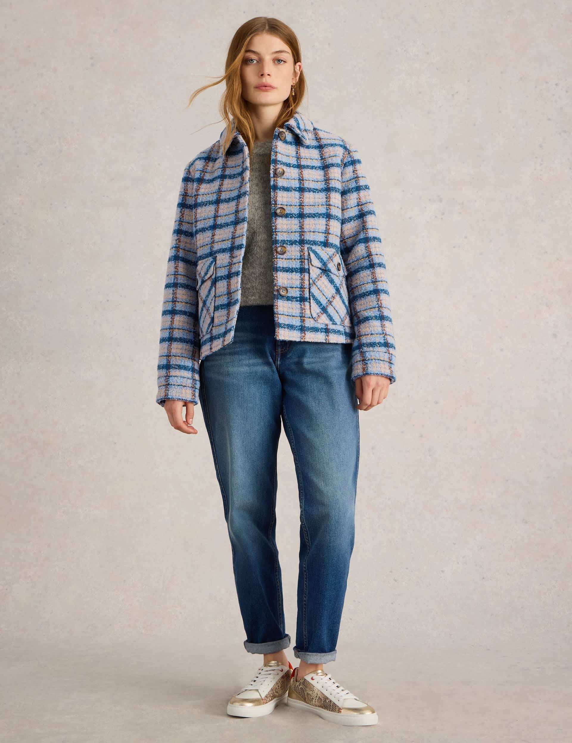 White Stuff Women's Checked Collared Jacket - 12 - Blue Mix, Blue Mix